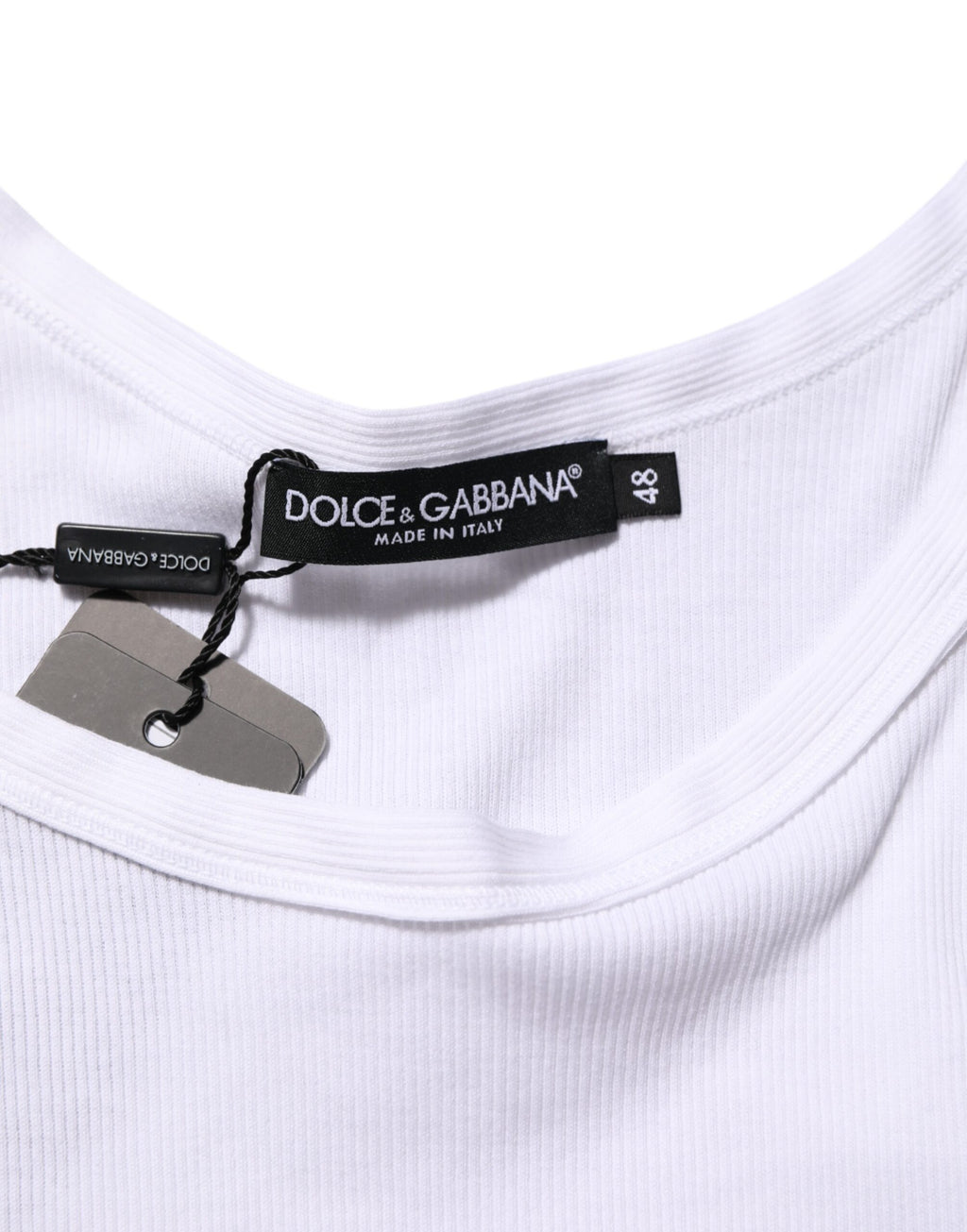 T-shirt sans manches blanc Dolce & Gabbana avec col rond, vue de face, en coton léger.