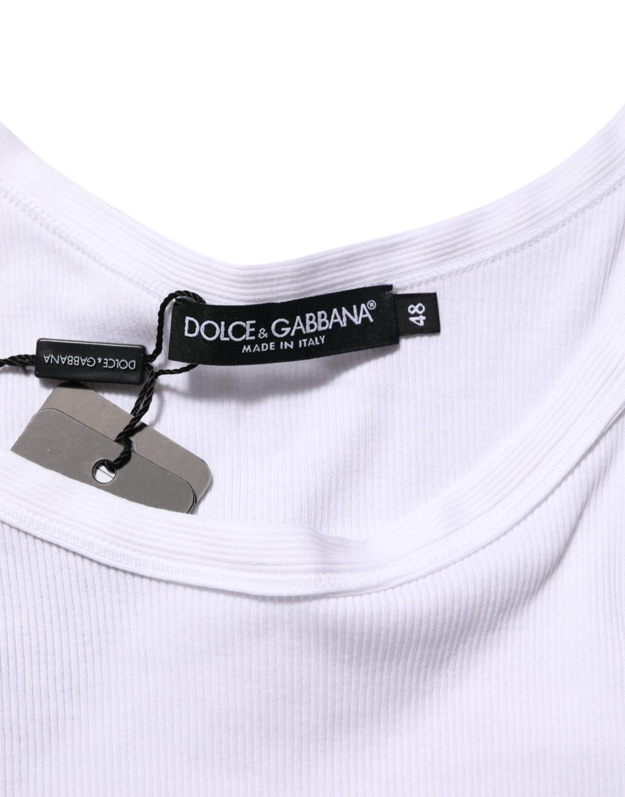 T-shirt sans manches blanc Dolce & Gabbana avec col rond, vue de face, en coton léger.