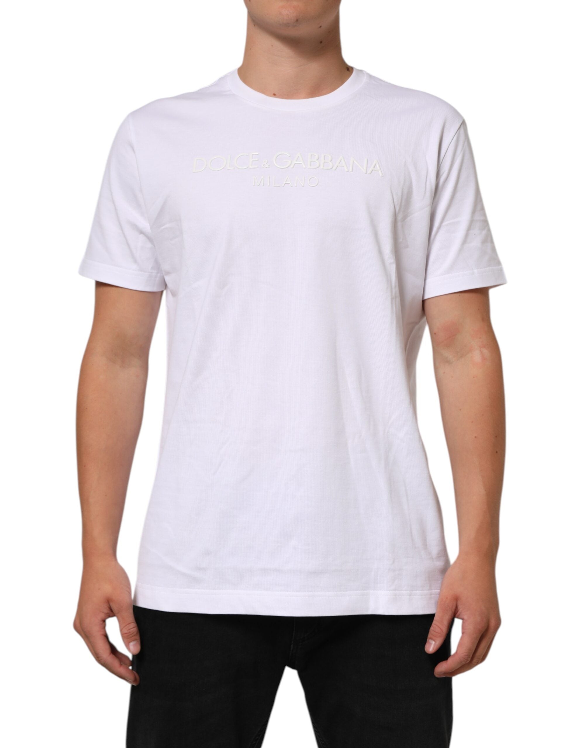 T-shirt blanc en coton Dolce & Gabbana à col rond et manches courtes, vue de face.