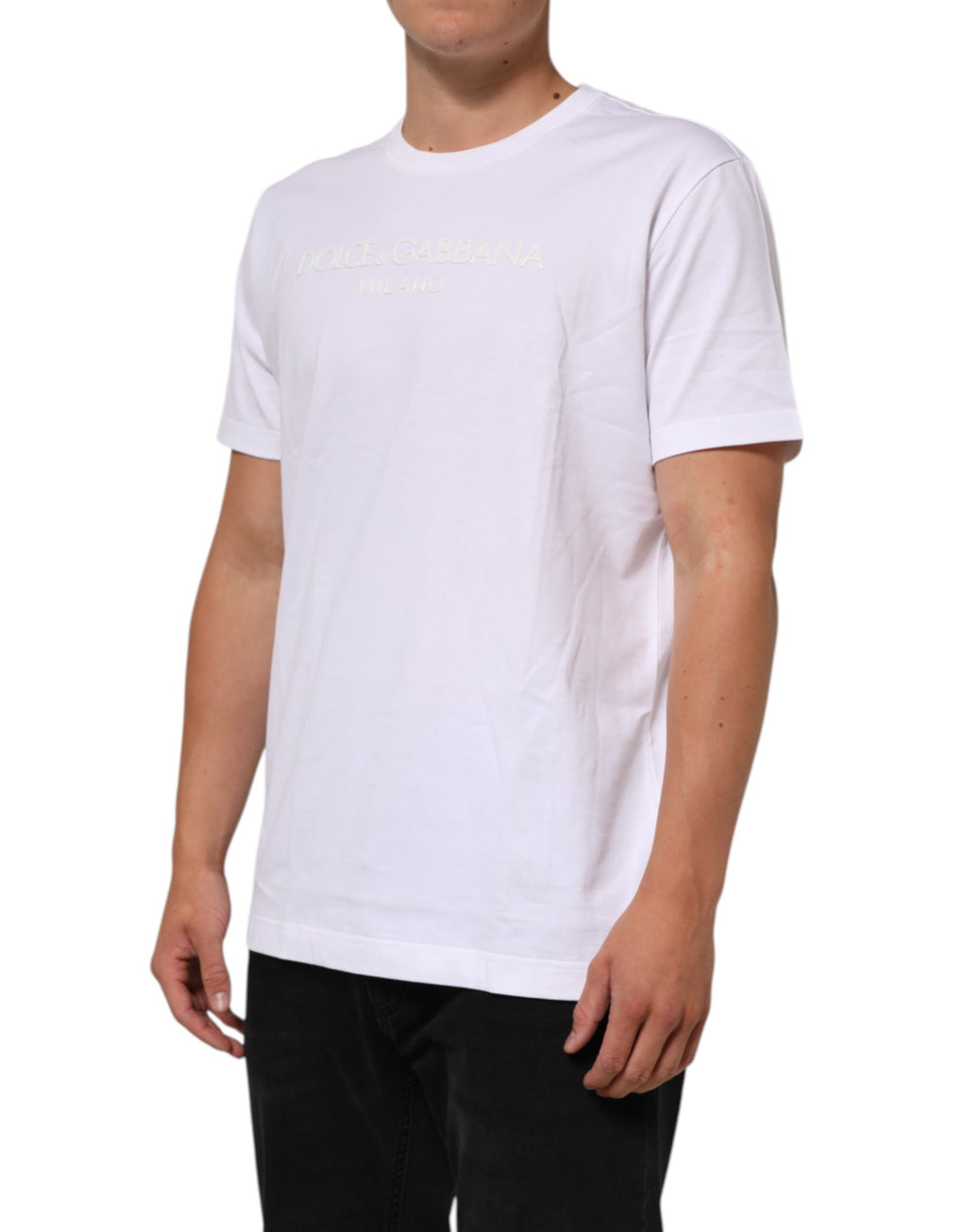 T-shirt blanc en coton Dolce & Gabbana à col rond et manches courtes, vue de face.