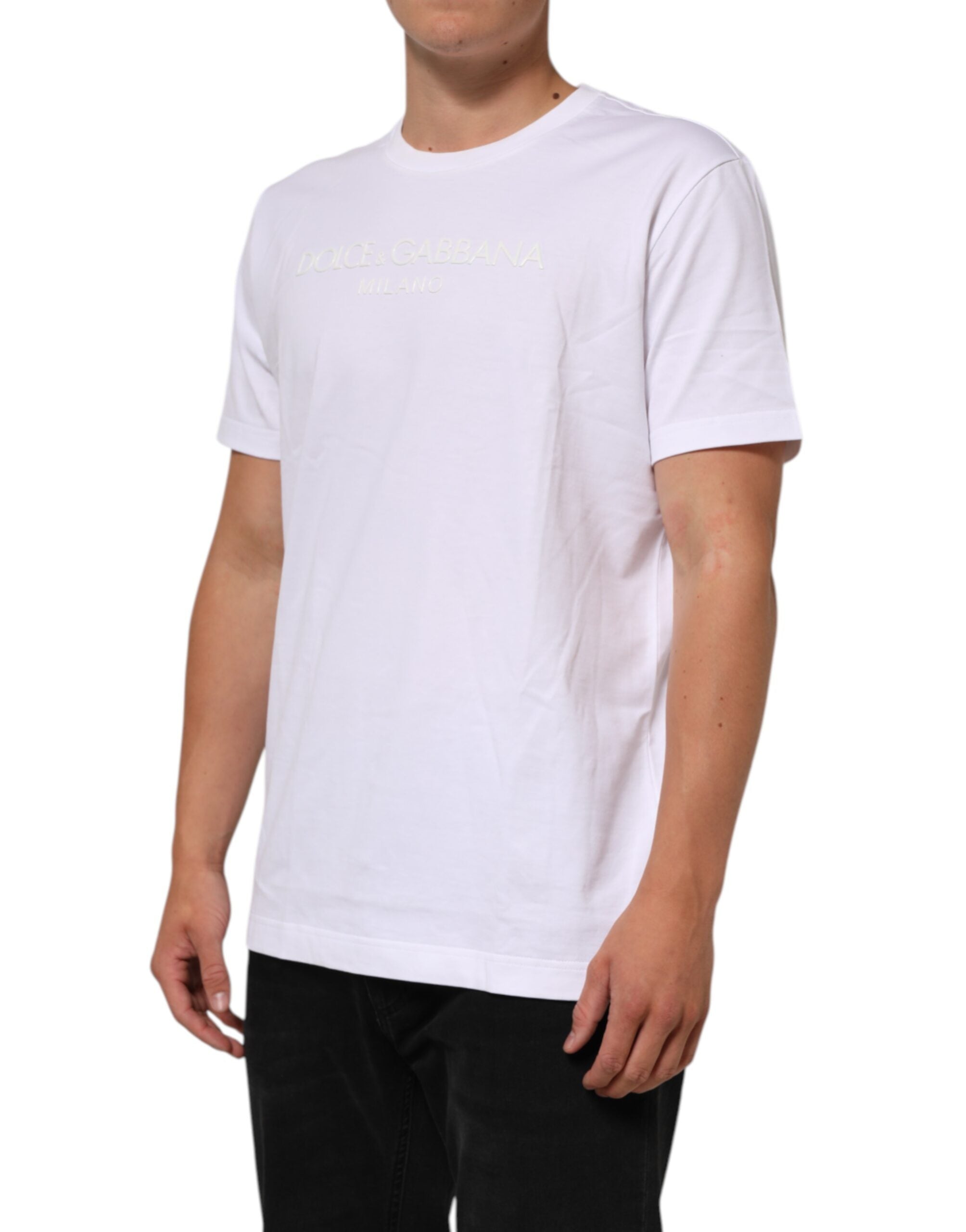 T-shirt blanc en coton Dolce & Gabbana à col rond et manches courtes, vue de face.