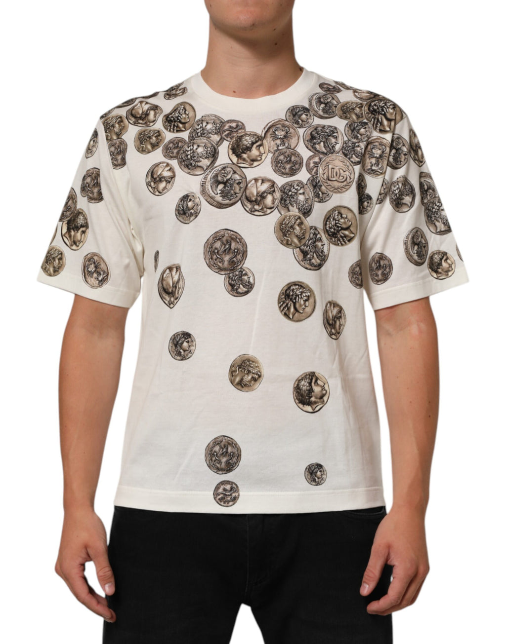 T-shirt blanc Dolce & Gabbana pour homme avec imprimé de pièces de monnaie en coton à col ras du cou