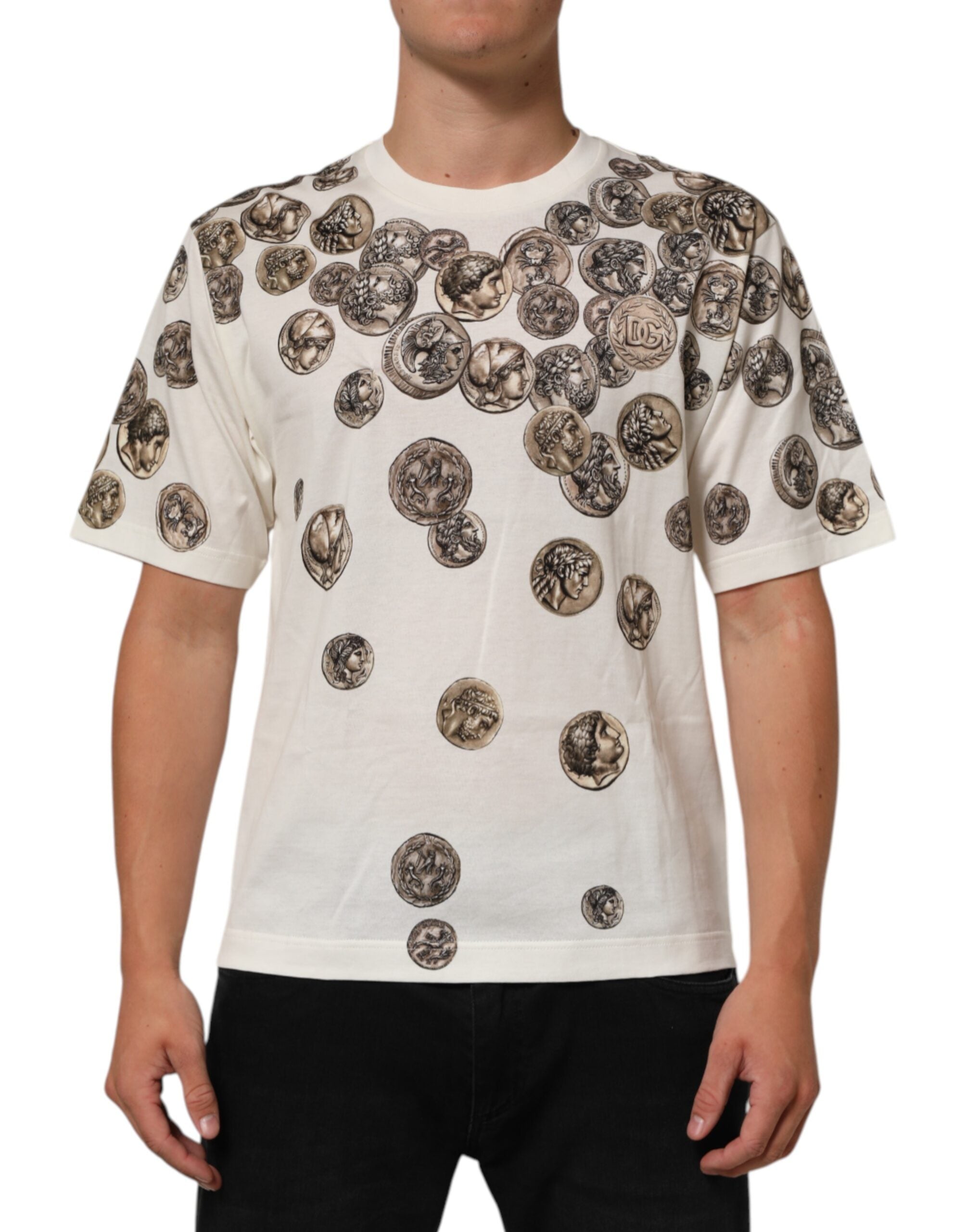 T-shirt blanc pour homme Dolce & Gabbana en coton avec impression de pièces de monnaie, col rond, style casual.