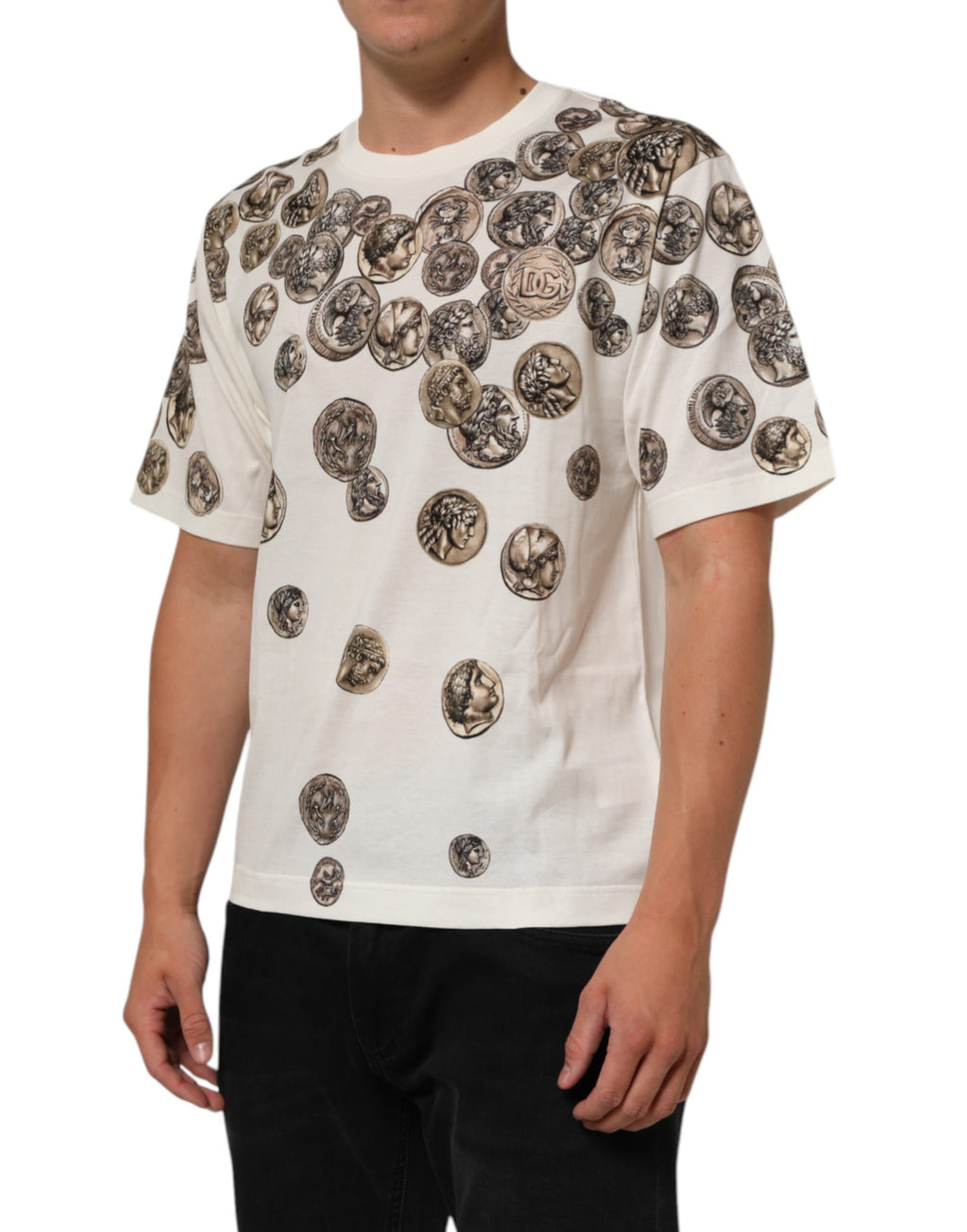 T-shirt homme blanc Dolce & Gabbana avec motif de pièces de monnaie en coton à col rond.