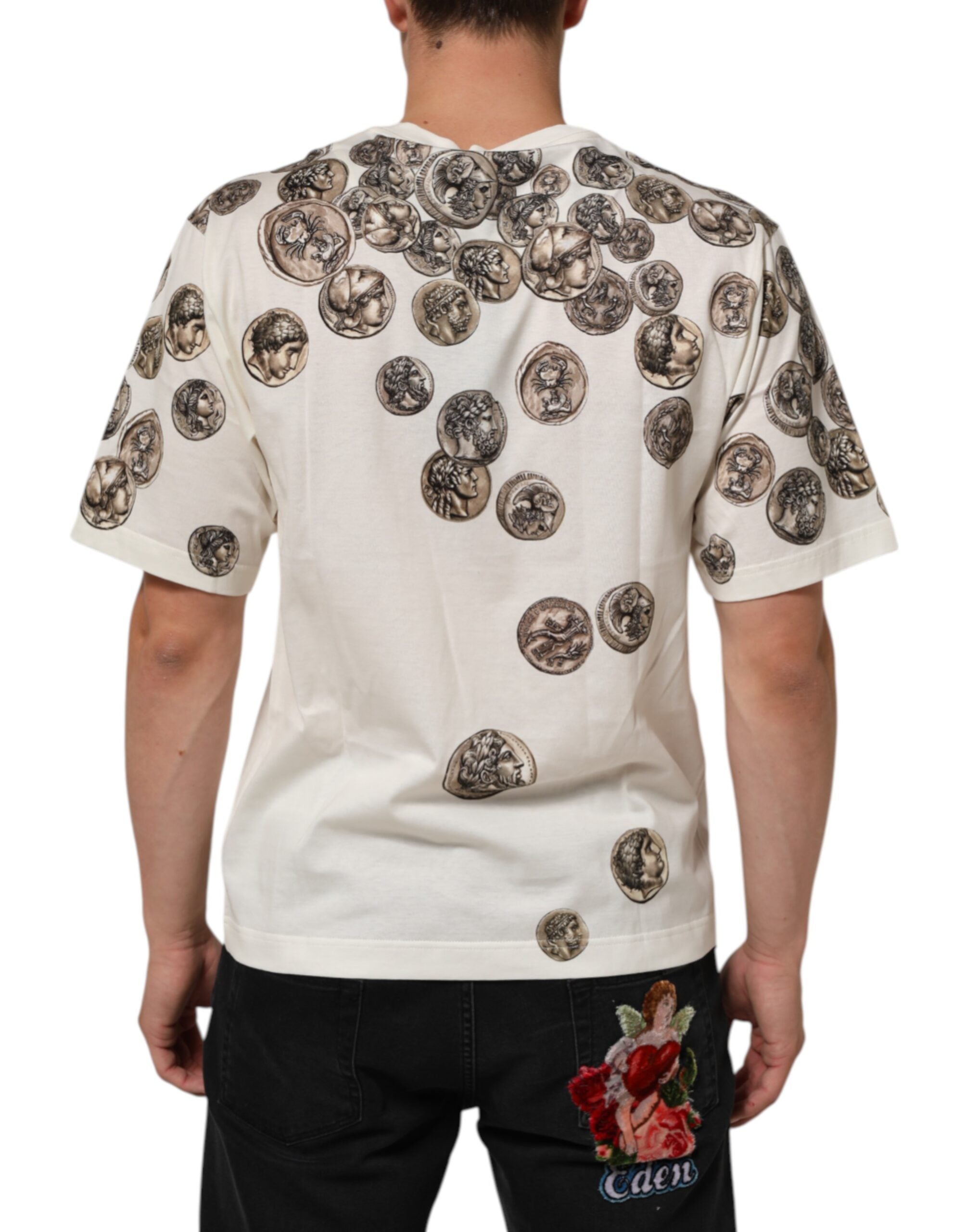 T-shirt blanc pour homme Dolce & Gabbana en coton avec imprimé pièces de monnaie, col rond, vue de face.