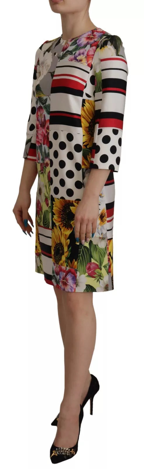 Robe shift Dolce & Gabbana à motifs floraux multicolores en satin charmeuse avec patchwork coloré.