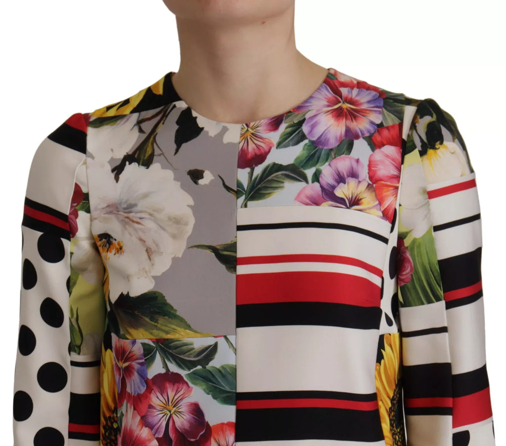 Robe droite Dolce & Gabbana multicolore en soie à motifs floraux et patchwork, style élégant et sophistiqué.