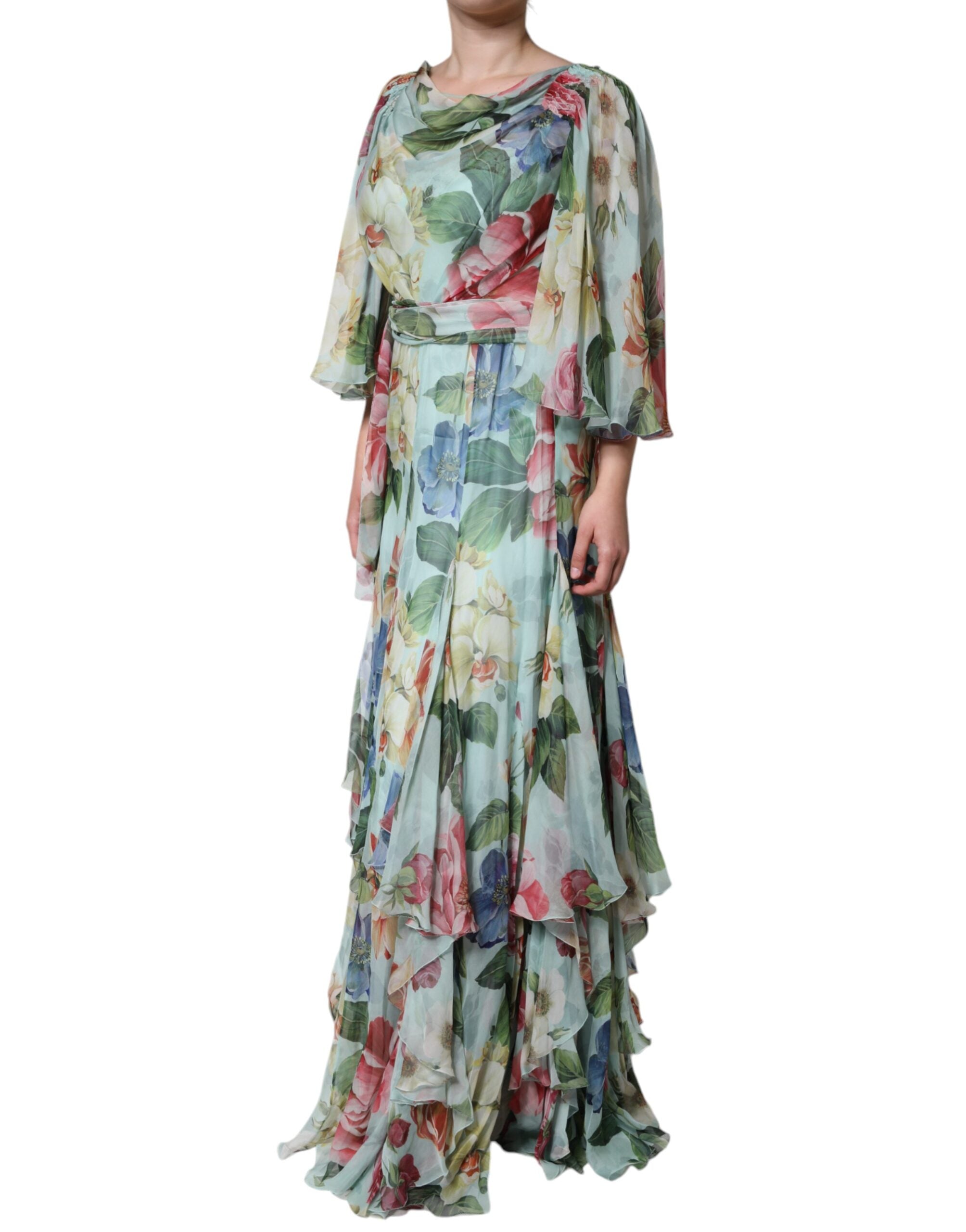 Robe longue à volants Dolce & Gabbana avec imprimé floral bleu, style maxi et coupe élégante, en tissu léger.
