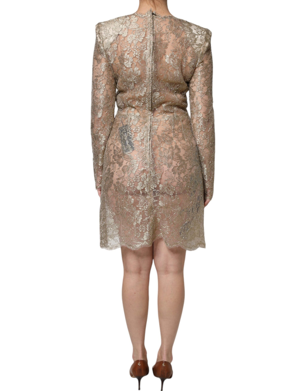 Robe courte Dolce & Gabbana en dentelle florale dorée, coupe évasée en ligne A, style élégant et sophistiqué.