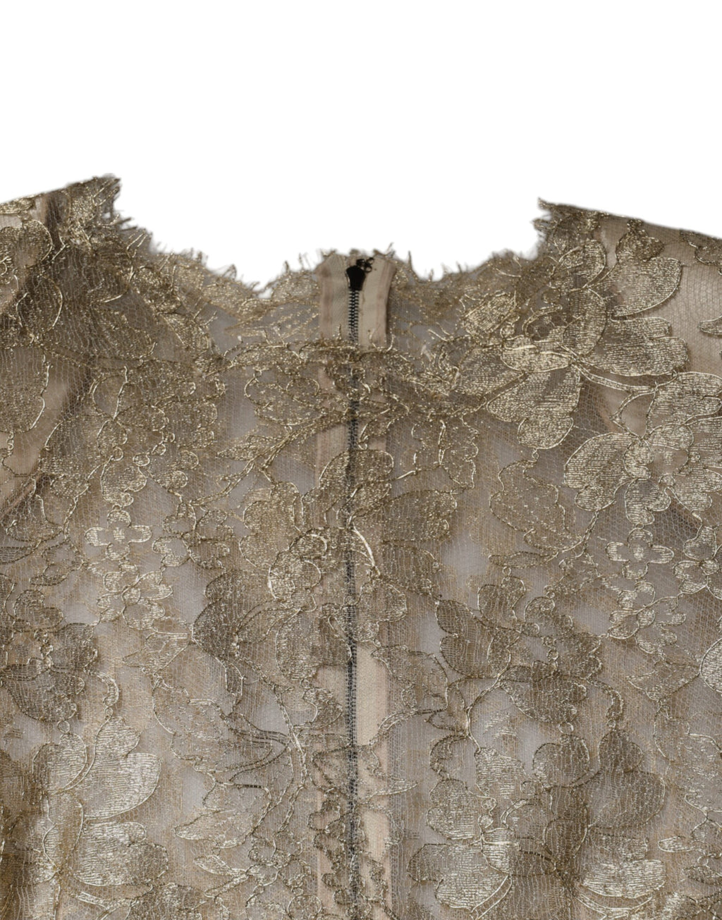 Robe courte Dolce & Gabbana en dentelle florale dorée avec coupe évasée et style cache-cœur, vue de face.