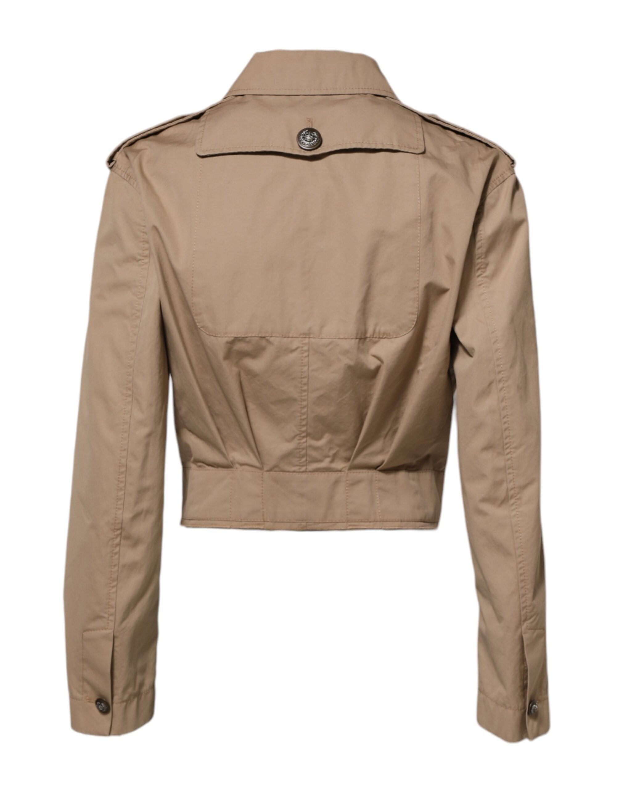 Veste courte beige en coton Dolce & Gabbana à boutons, ajustée et cropped, visible avec détails de finition.