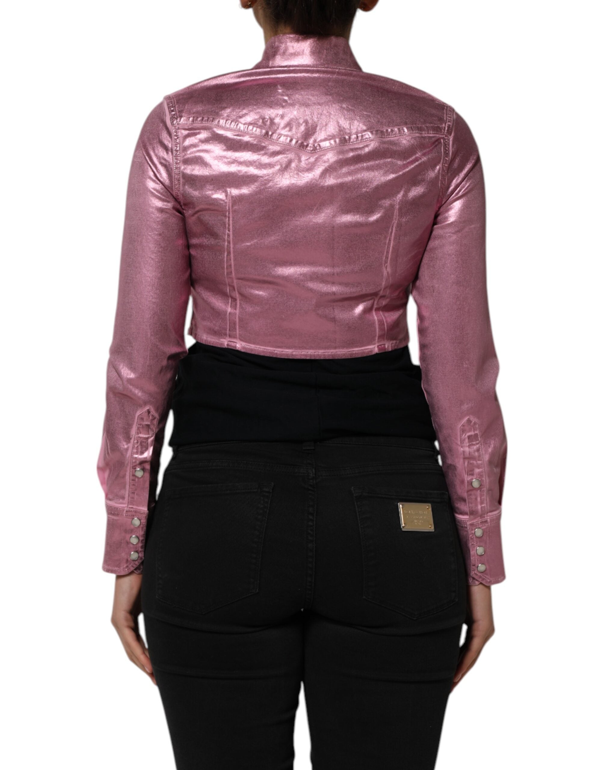 Veste courte en coton stretch rose de Dolce & Gabbana avec col, style cropped et détails élégants visibles sur l'image.