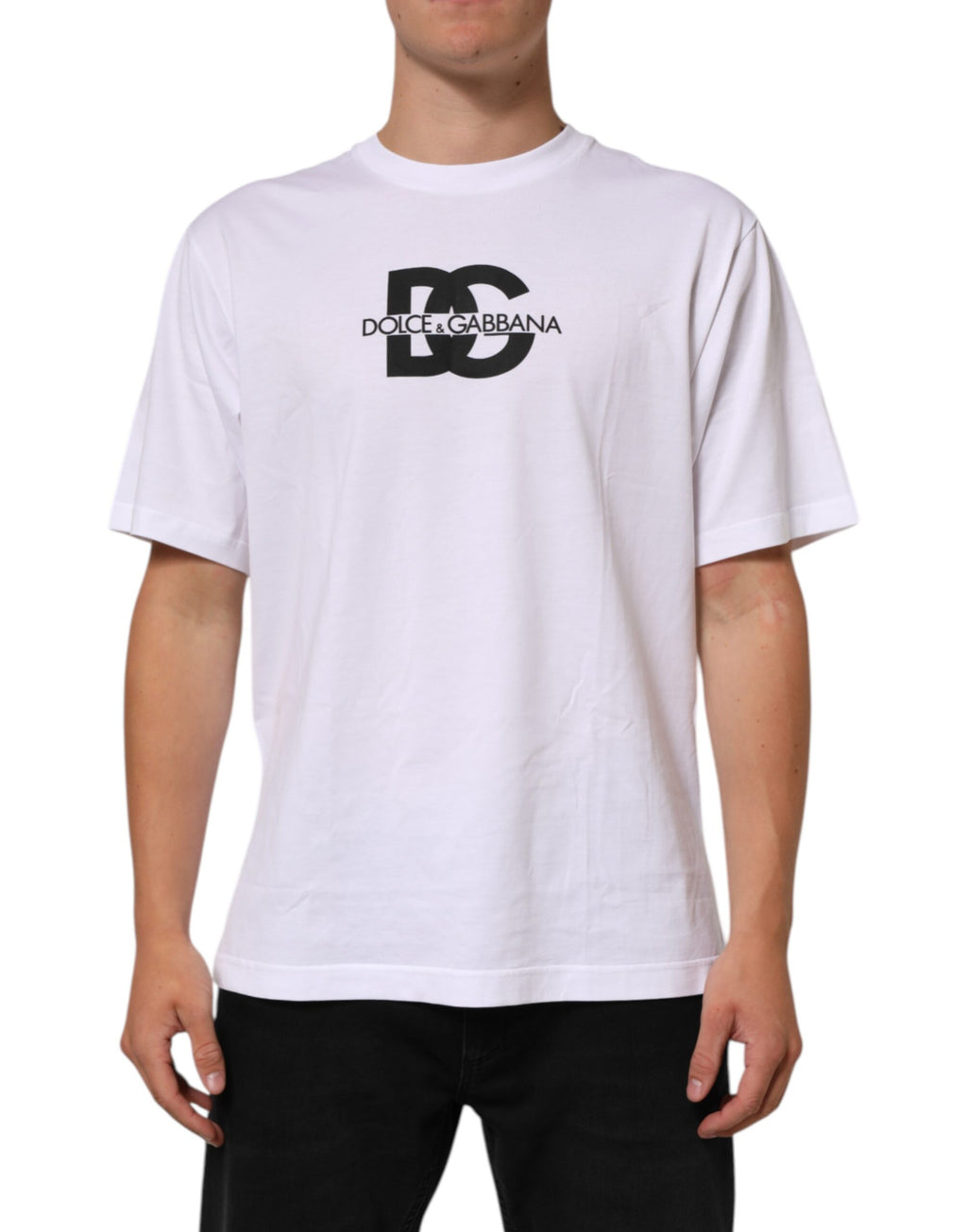 T-shirt blanc pour homme Dolce & Gabbana avec logo imprimé, col rond en coton, style décontracté et moderne.