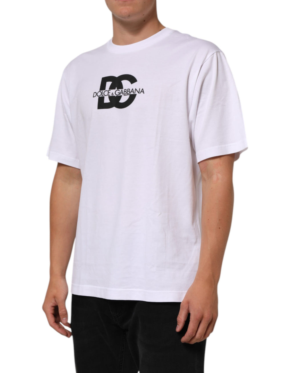 T-shirt homme blanc Dolce & Gabbana en coton avec logo imprimé, col rond et design moderne.