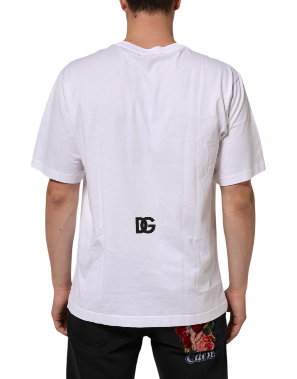 T-shirt blanc pour homme Dolce & Gabbana avec logo imprimé en coton à col rond, design élégant et moderne.
