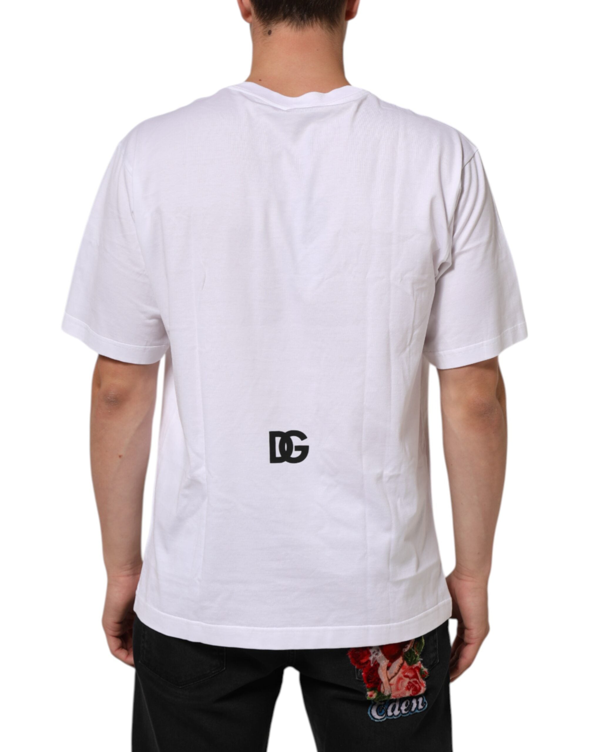 T-shirt blanc pour homme Dolce & Gabbana avec logo imprimé en coton à col rond, design élégant et moderne.
