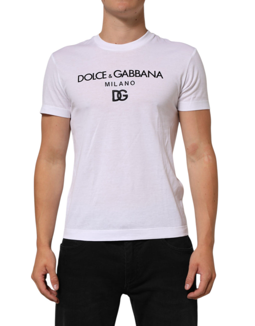 T-shirt blanc en coton pour homme Dolce & Gabbana avec logo imprimé, col rond, vue de l'avant.