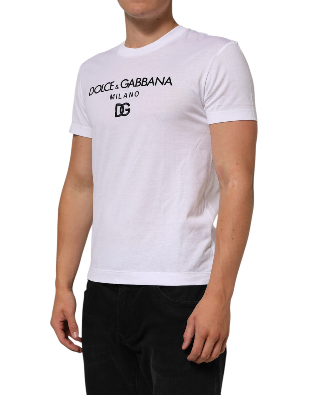 T-shirt blanc en coton pour homme Dolce & Gabbana avec logo imprimé et col rond.