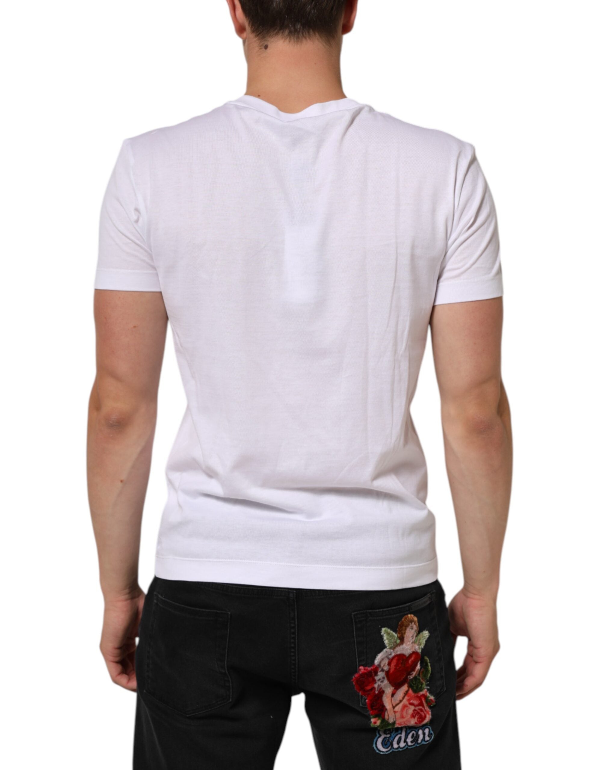 T-shirt homme blanc en coton Dolce & Gabbana avec logo imprimé, col ras du cou, style décontracté.
