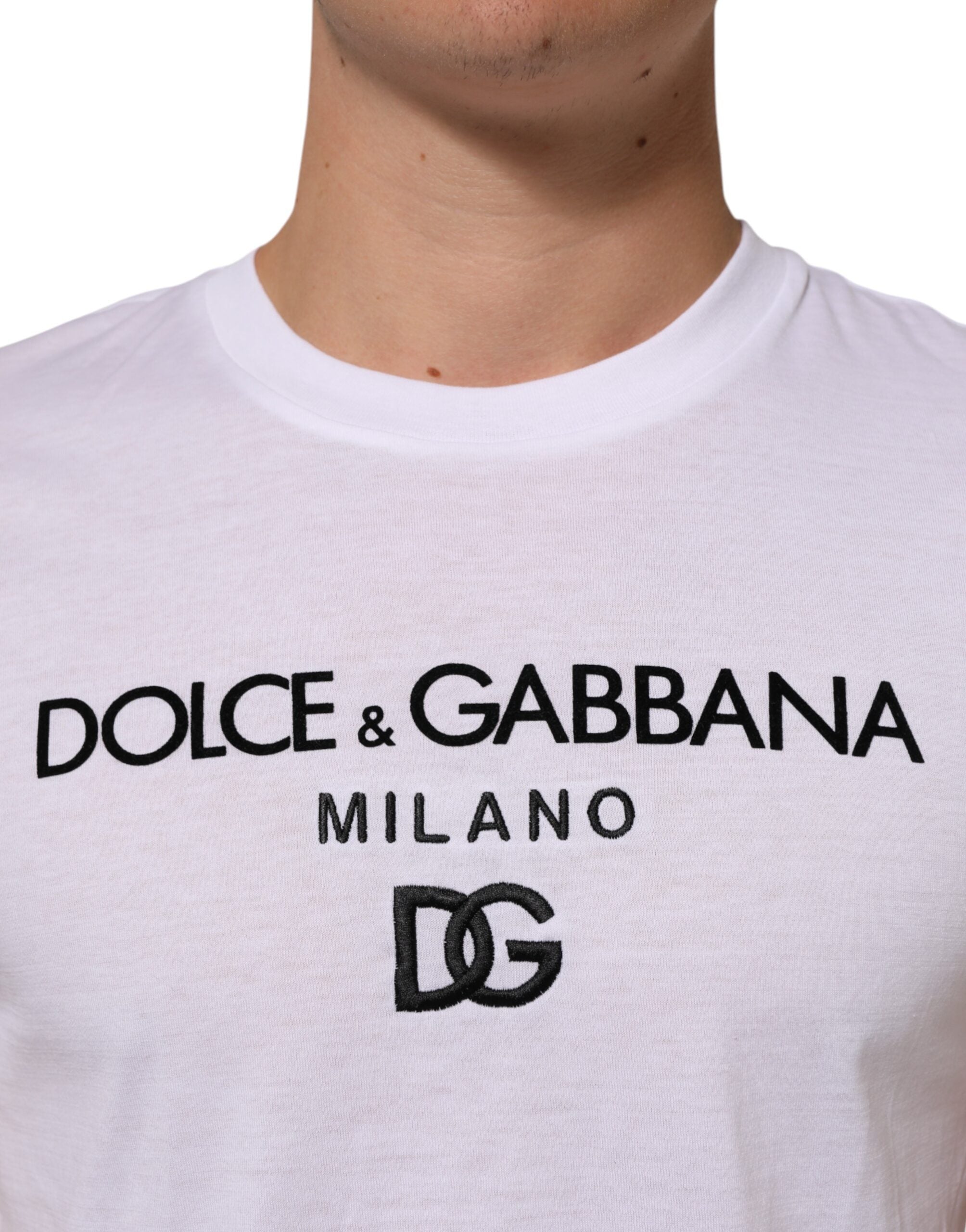 T-shirt homme blanc Dolce & Gabbana en coton avec logo imprimé, col rond, mode décontractée.