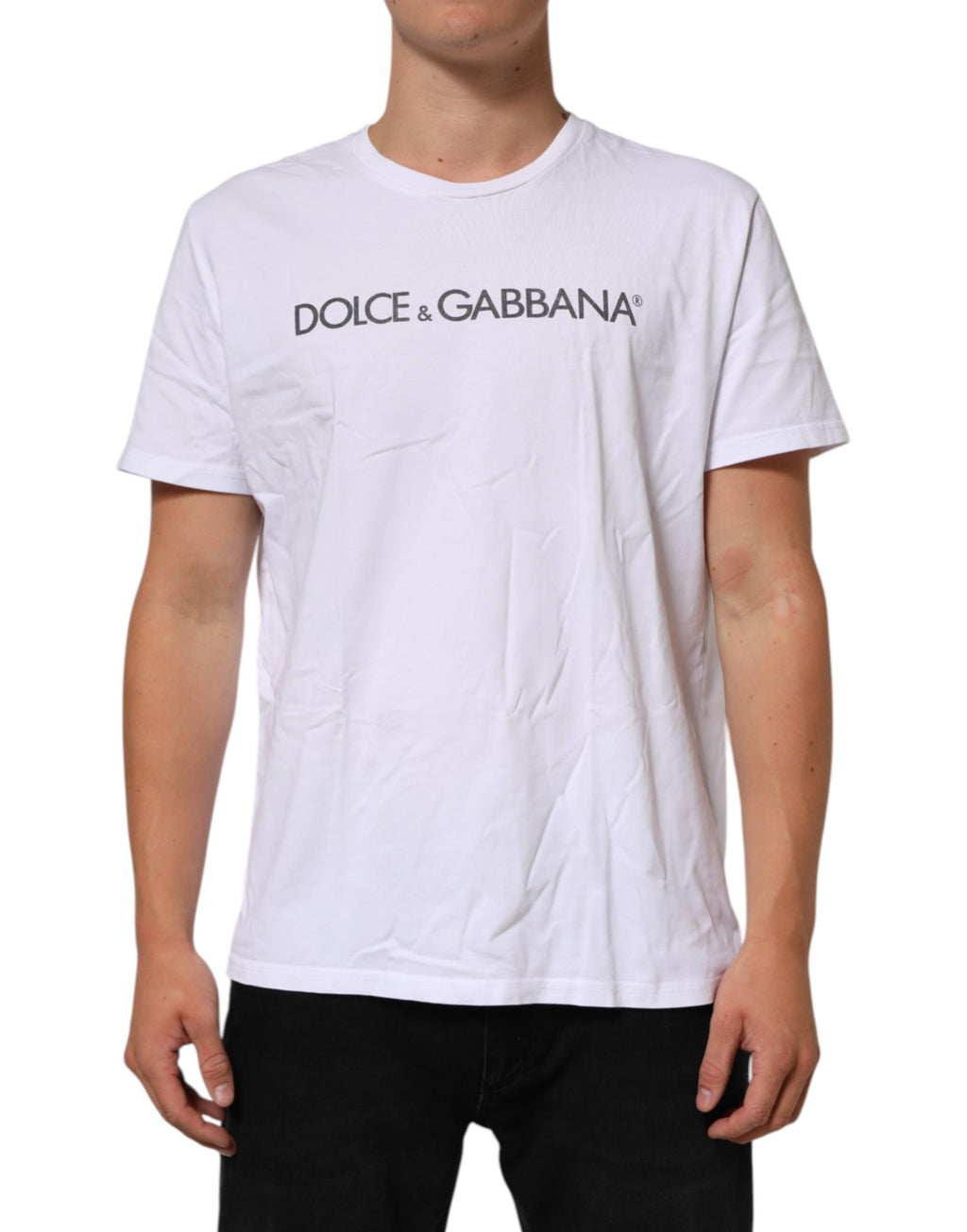 T-shirt blanc Dolce & Gabbana en coton avec logo imprimé, col rond, vue de face.