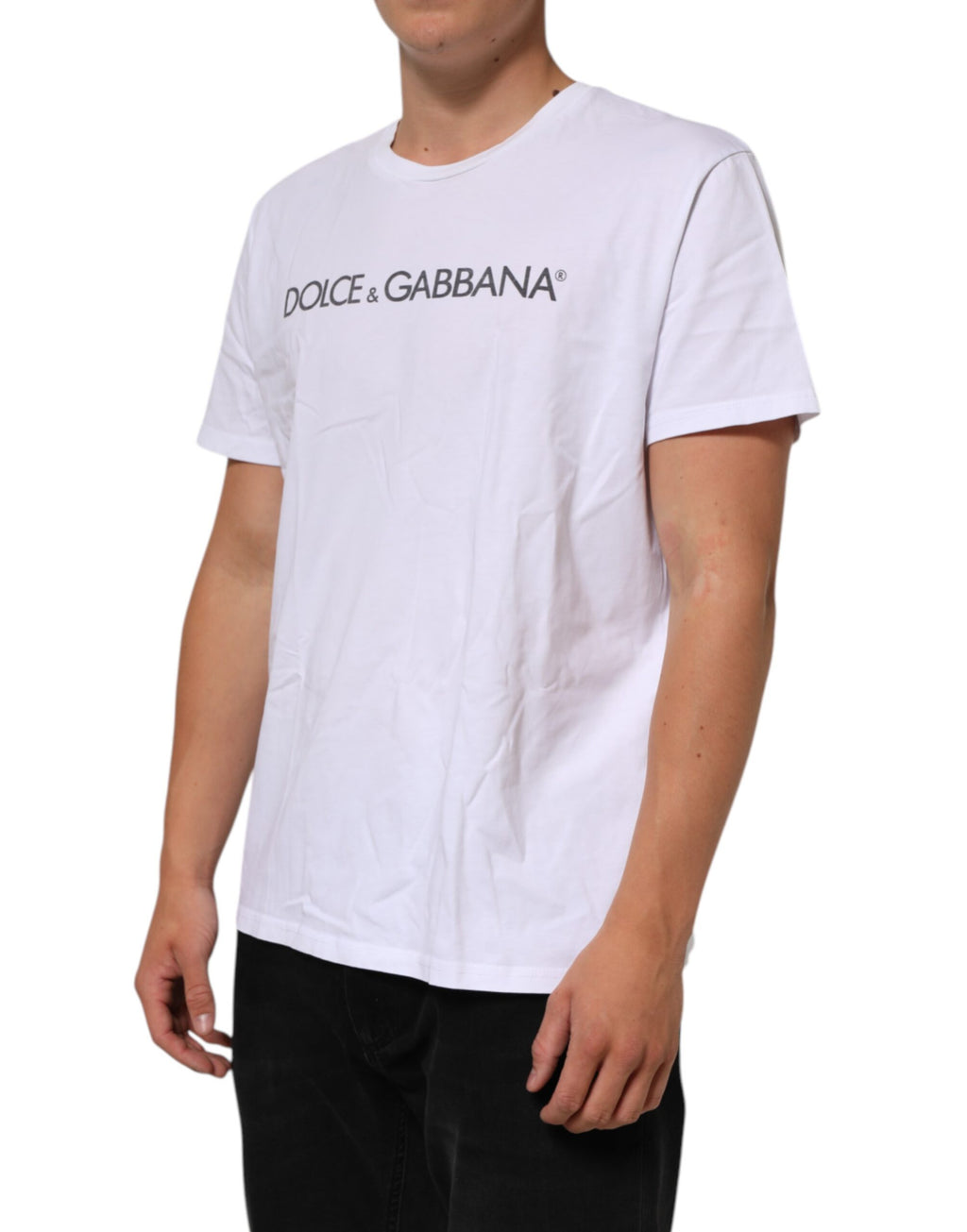 T-shirt blanc en coton avec logo imprimé de Dolce & Gabbana, col ras du cou et design élégant.