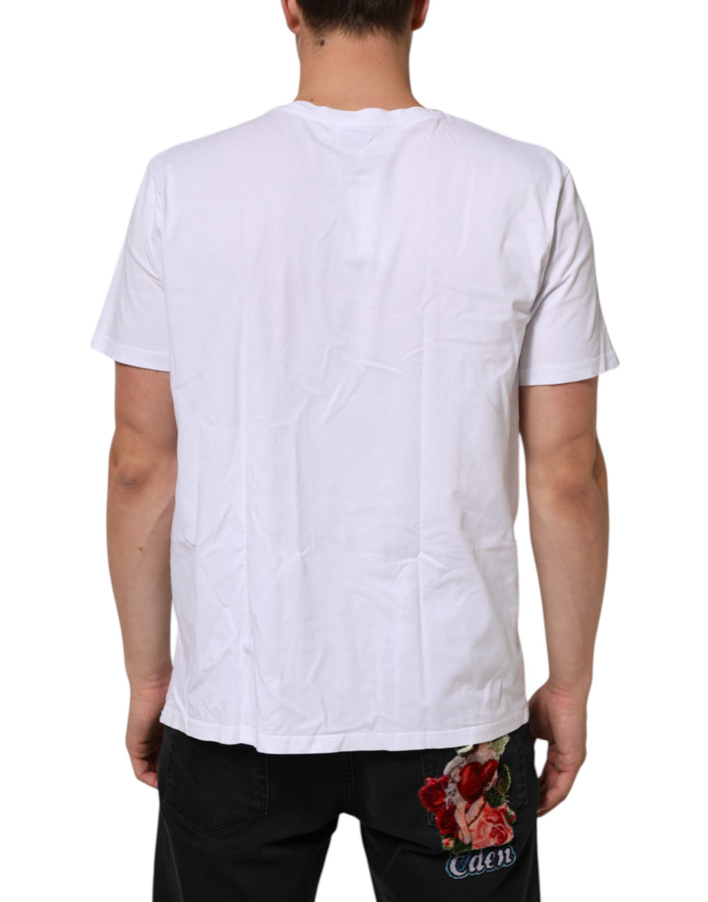 T-shirt blanc en coton Dolce & Gabbana avec logo imprimé, col rond, vue de face, détail du design et du logo sur le devant.