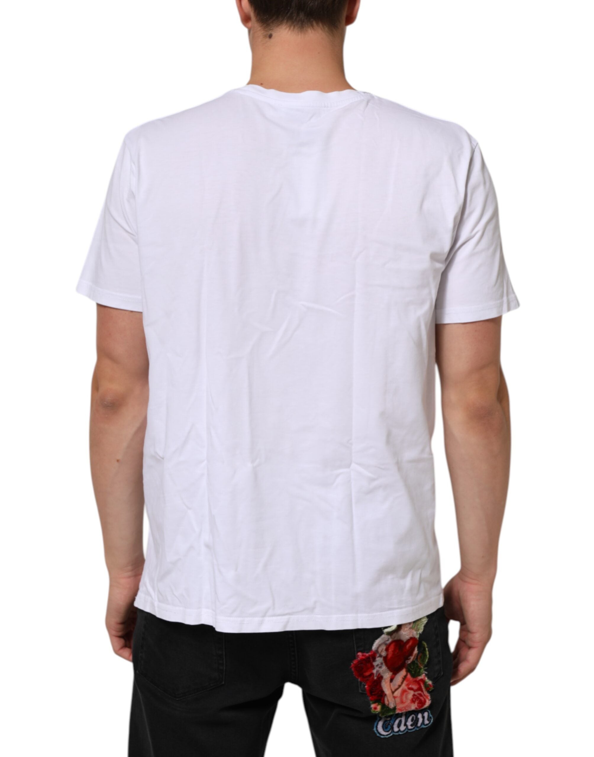 T-shirt blanc en coton Dolce & Gabbana avec logo imprimé, col rond, vue de face, détail du design et du logo sur le devant.