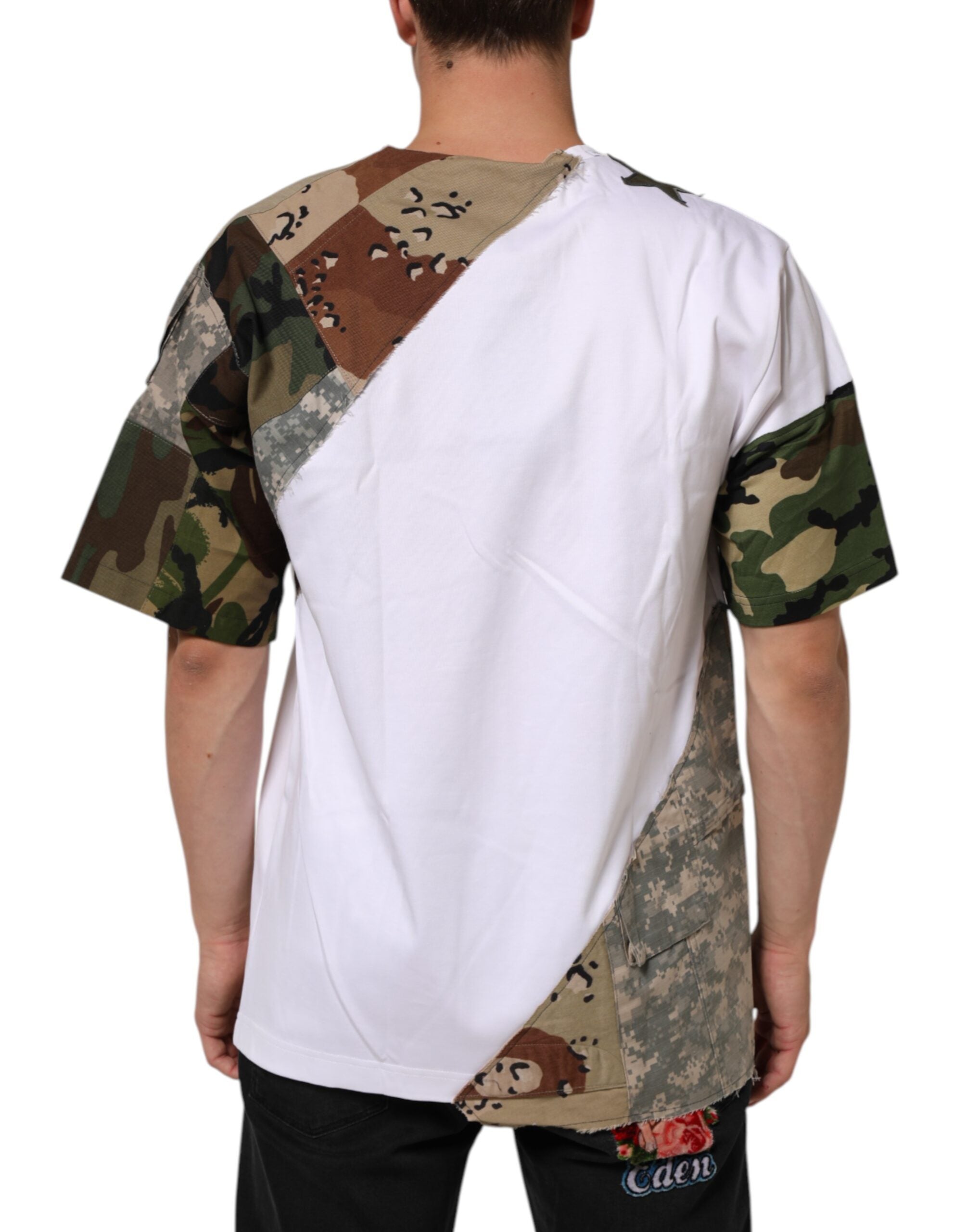 T-shirt blanc à motif camouflage et patchwork pour homme de Dolce & Gabbana, en coton, avec design moderne.