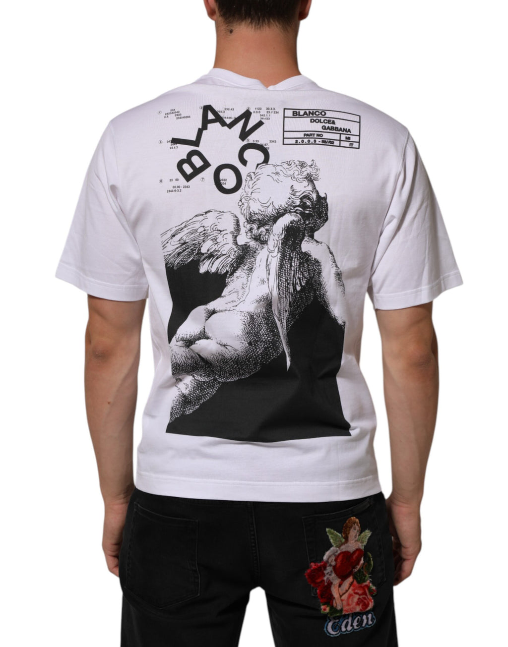 T-shirt homme blanc en coton Dolce & Gabbana avec imprimé d'ange, col rond, style décontracté et moderne.