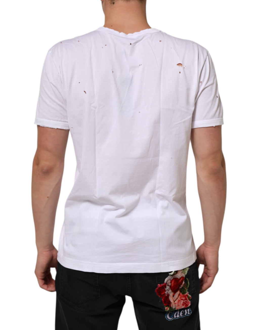 T-shirt blanc en coton délavé avec col en V pour homme de Dolce & Gabbana, style décontracté et tendance.