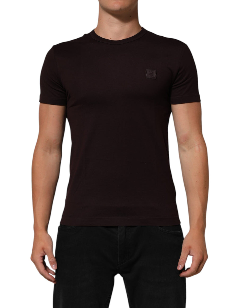 T-shirt en coton marron avec logo Dolce & Gabbana, col rond et plaque de logo sur la poitrine.