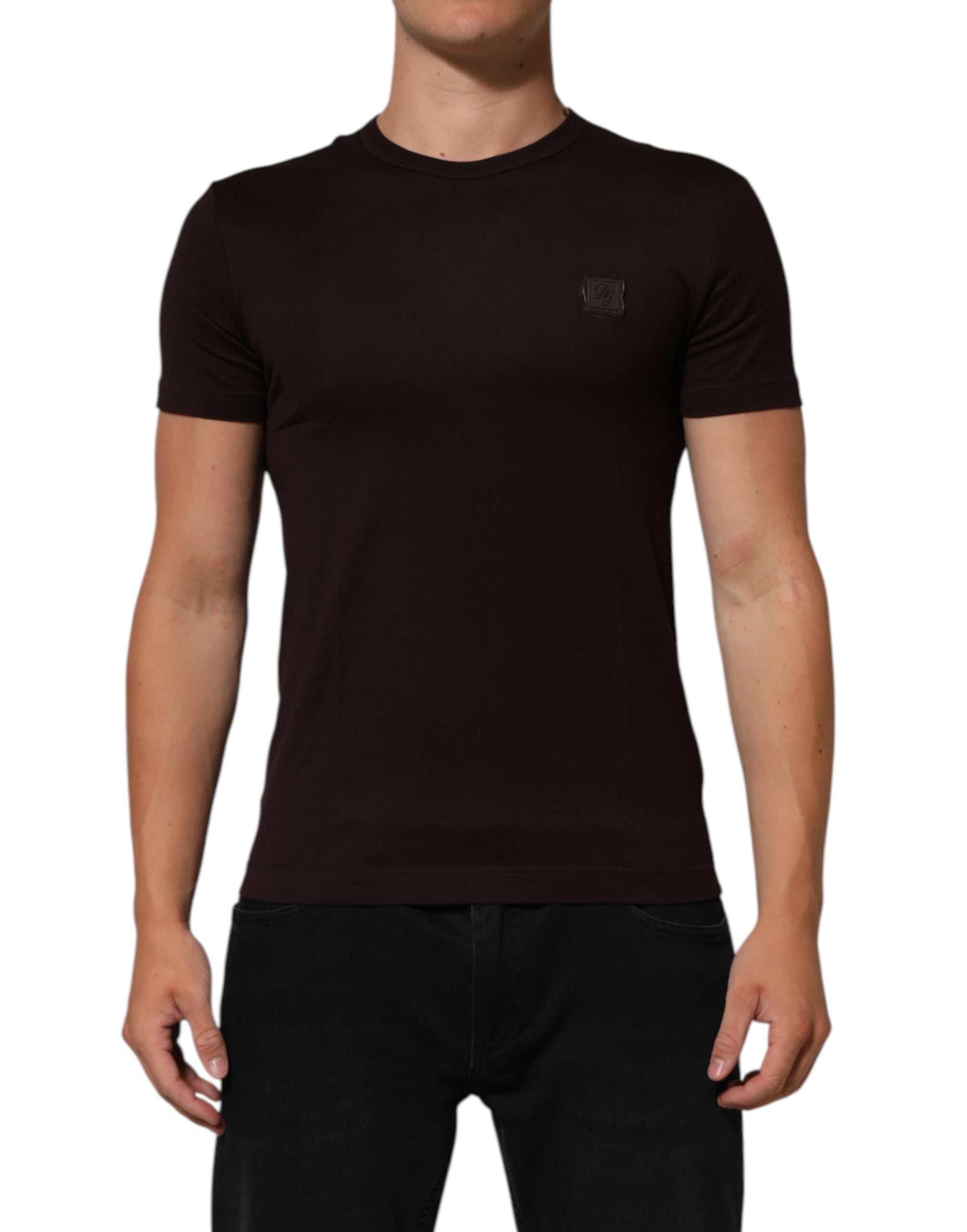 T-shirt en coton marron avec logo Dolce & Gabbana, col rond et plaque de logo sur la poitrine.