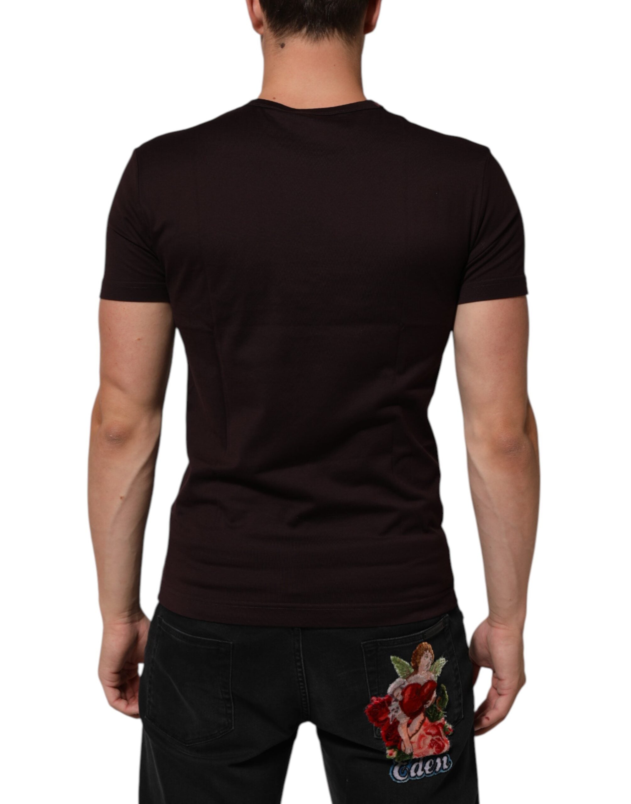 T-shirt en coton marron avec logo Dolce & Gabbana, col rond et plaque logo sur la poitrine.