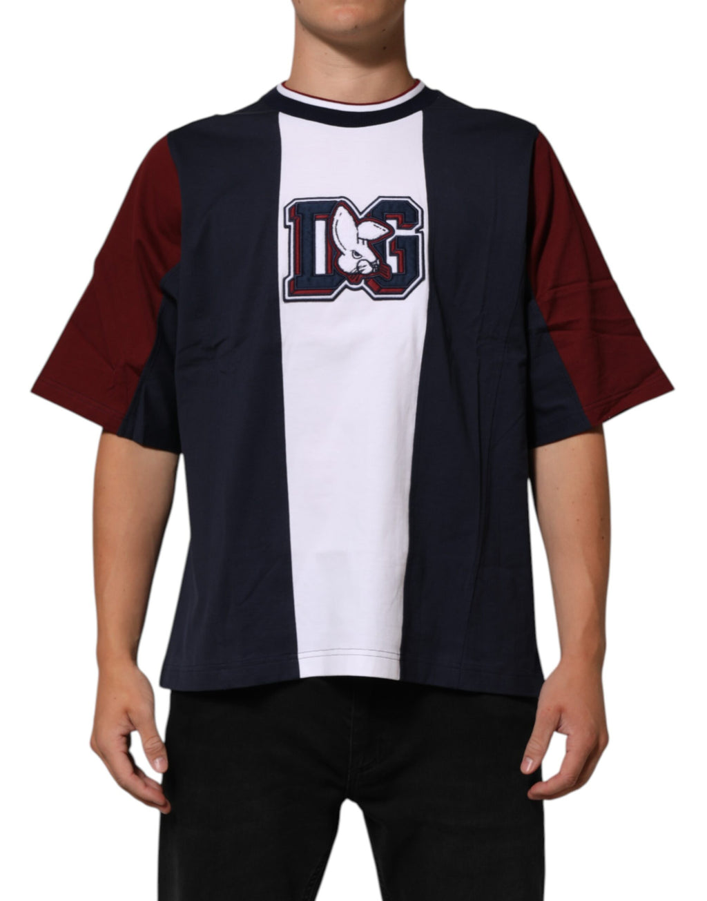 T-shirt homme à rayures multicolores en coton de Dolce & Gabbana, col rond, style décontracté et élégant.