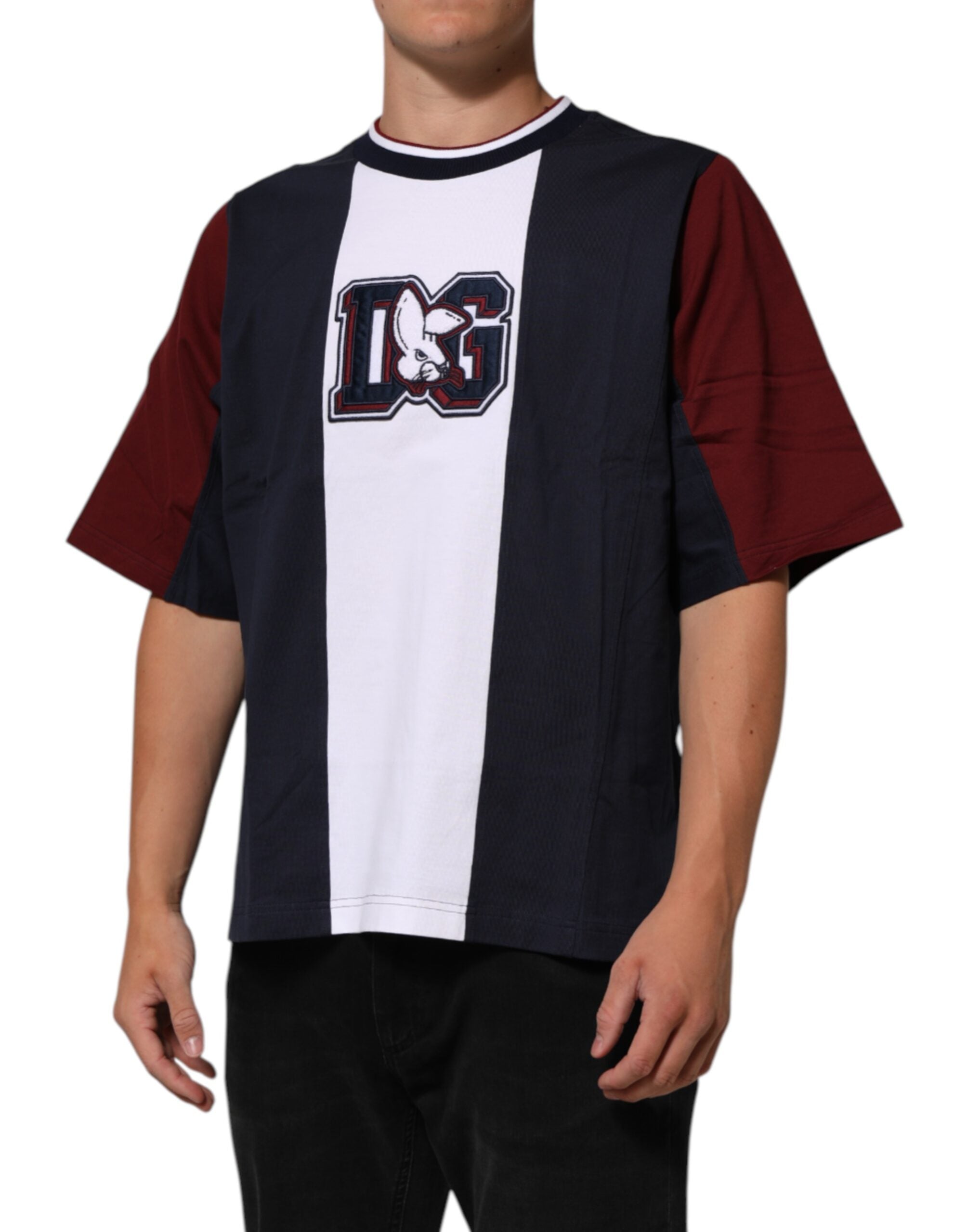 T-shirt homme à rayures multicolores en coton Dolce & Gabbana avec col rond, style décontracté et élégant.