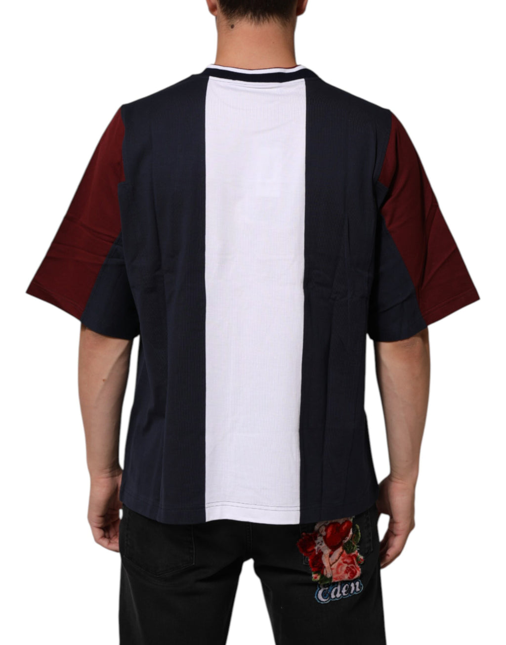 T-shirt homme à rayures multicolores en coton Dolce & Gabbana avec col rond, style décontracté.