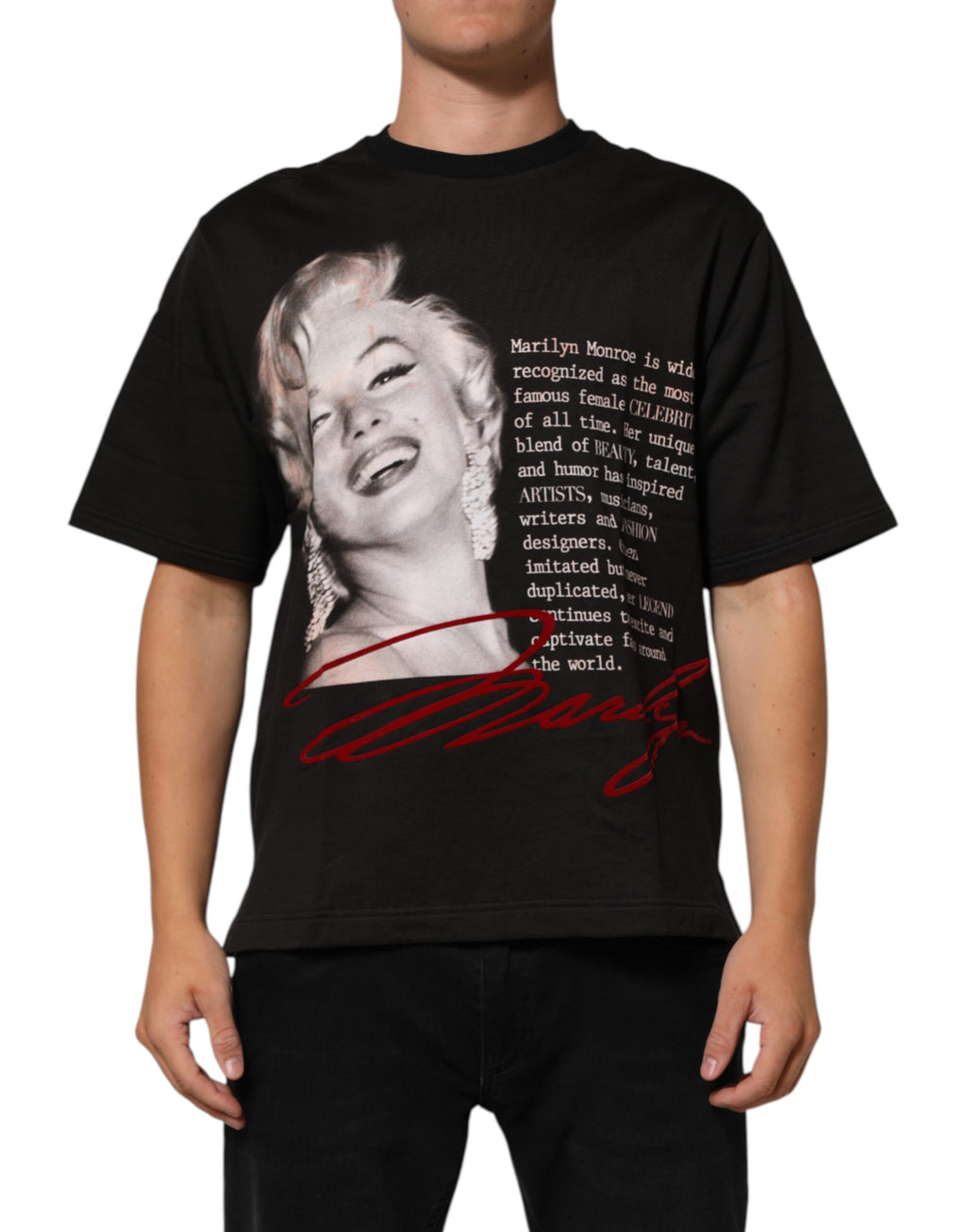 T-shirt noir Dolce & Gabbana avec portrait de Marilyn Monroe en coton à col rond, style élégant et décontracté.