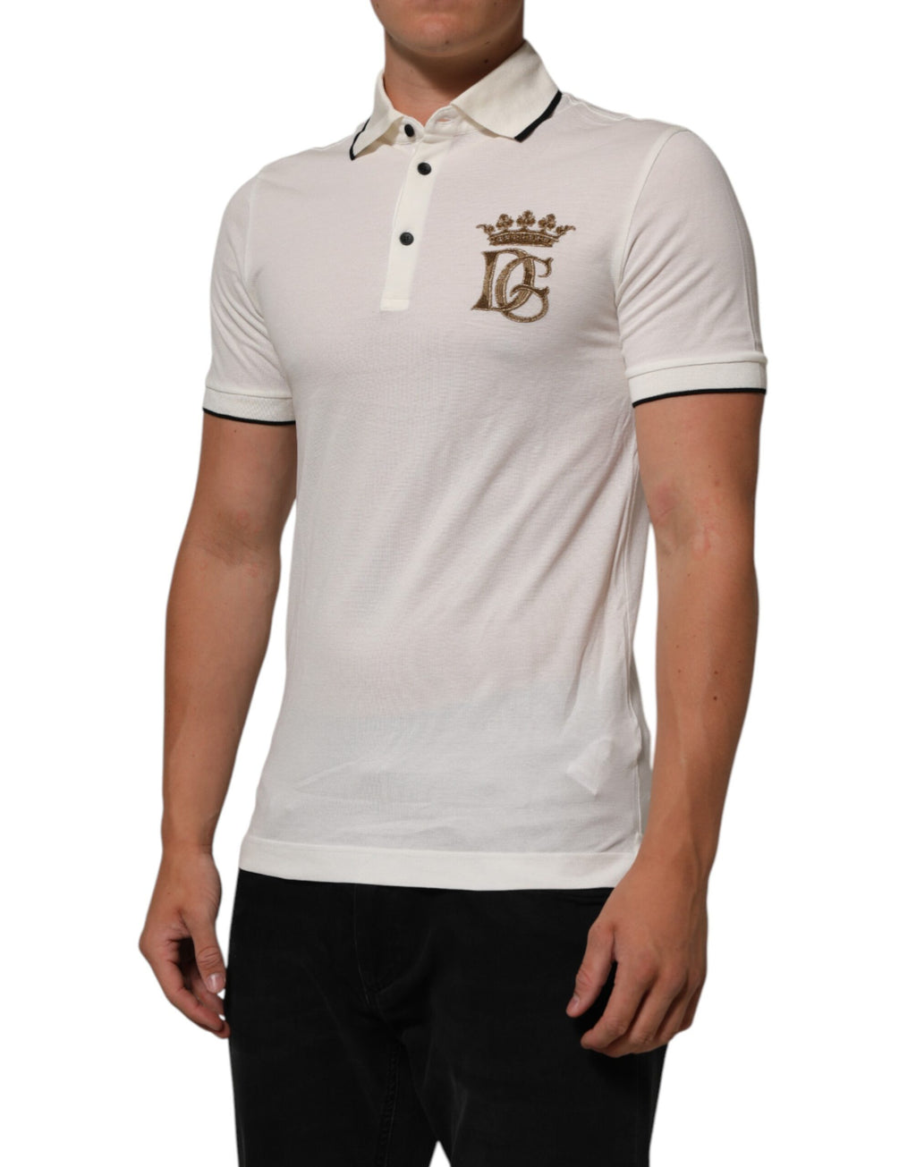 Polo en coton blanc Dolce & Gabbana avec broderie logo, col polo classique, vue de face.