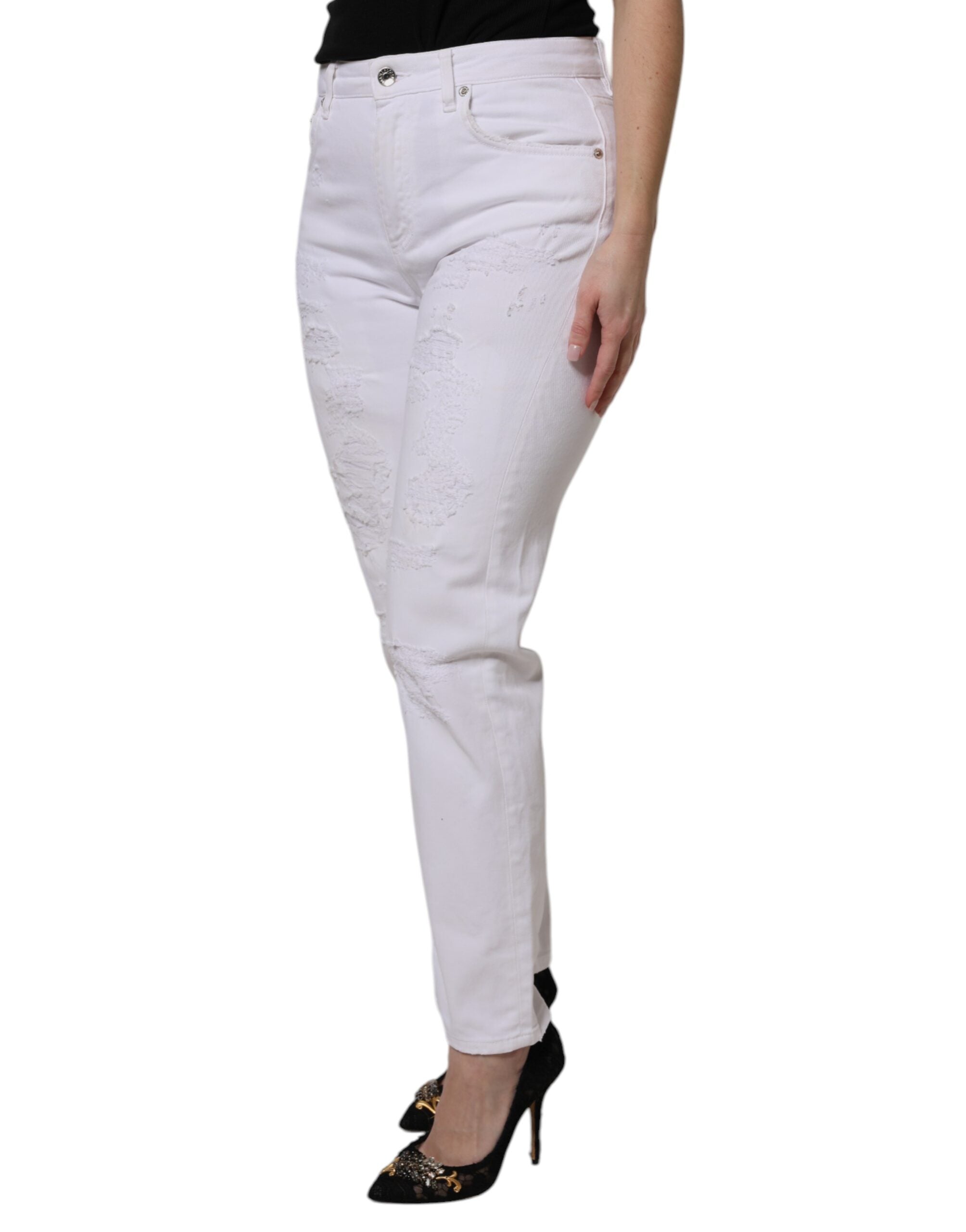 Jeans boyfriend en coton blanc Dolce & Gabbana avec déchirures et style décontracté.