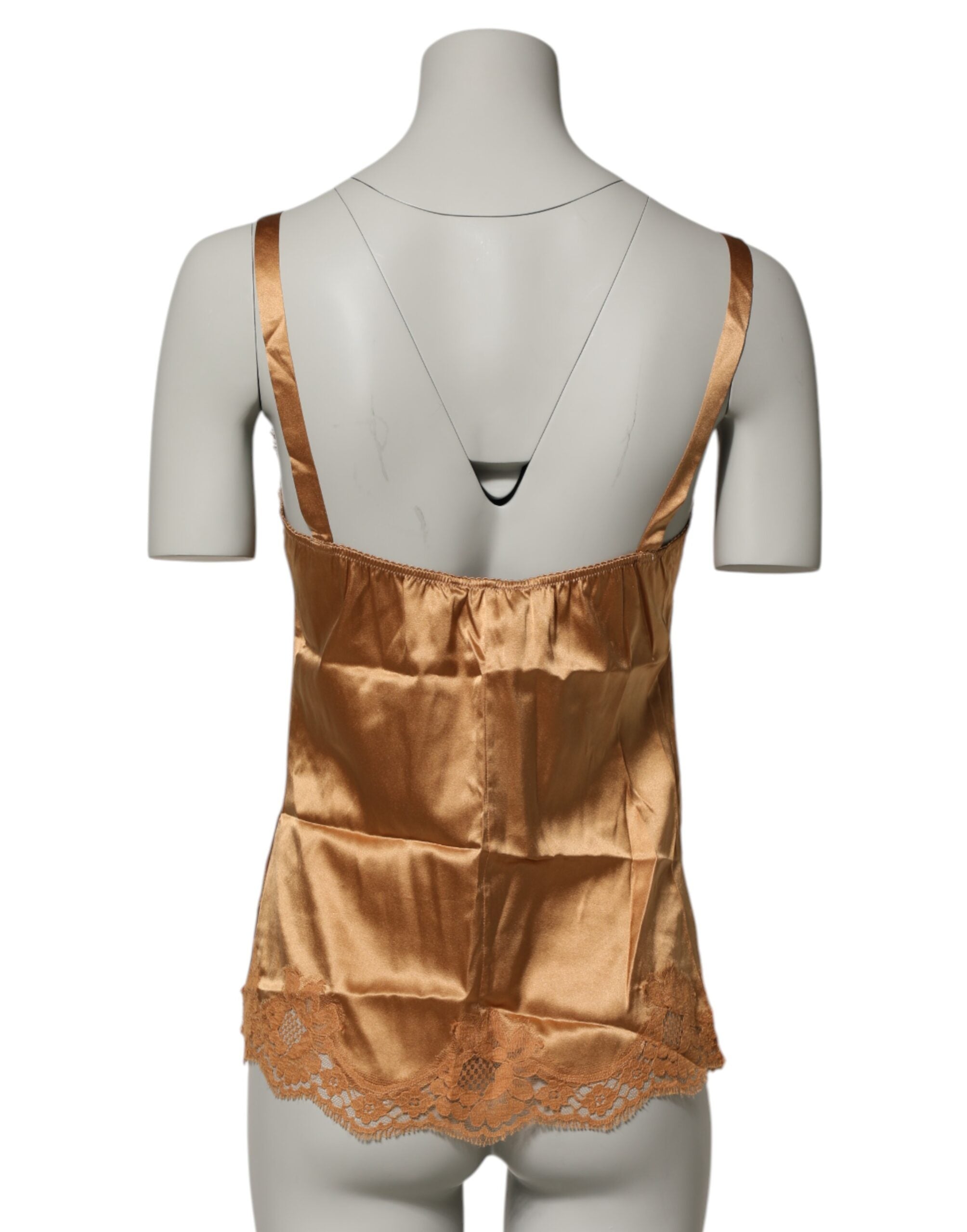 Lingerie Dolce & Gabbana en satin de soie marron avec dentelle florale, débardeur élégant pour femme.
