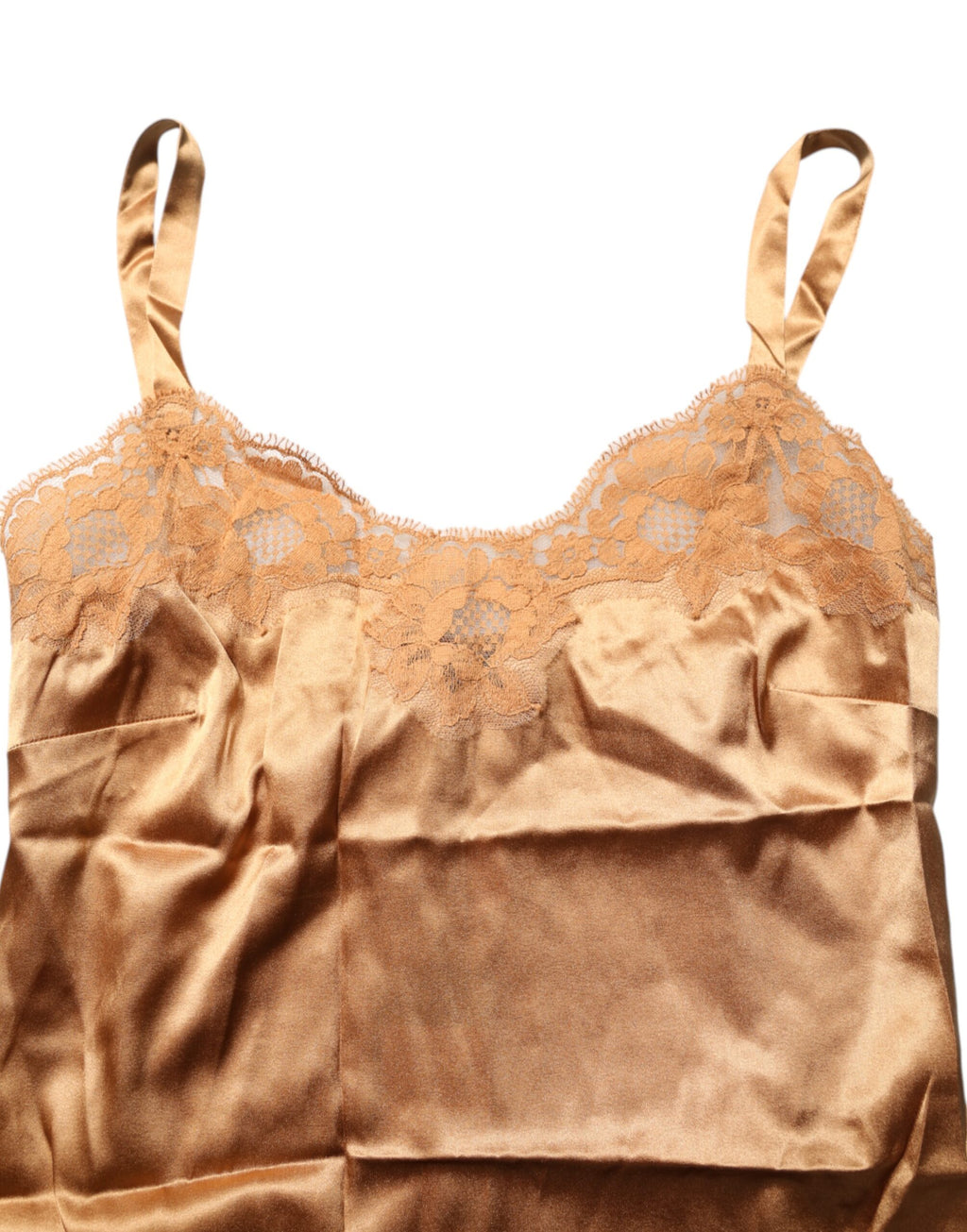 Lingerie Dolce & Gabbana en satin de soie marron avec dentelle florale, débardeur élégant pour femme.