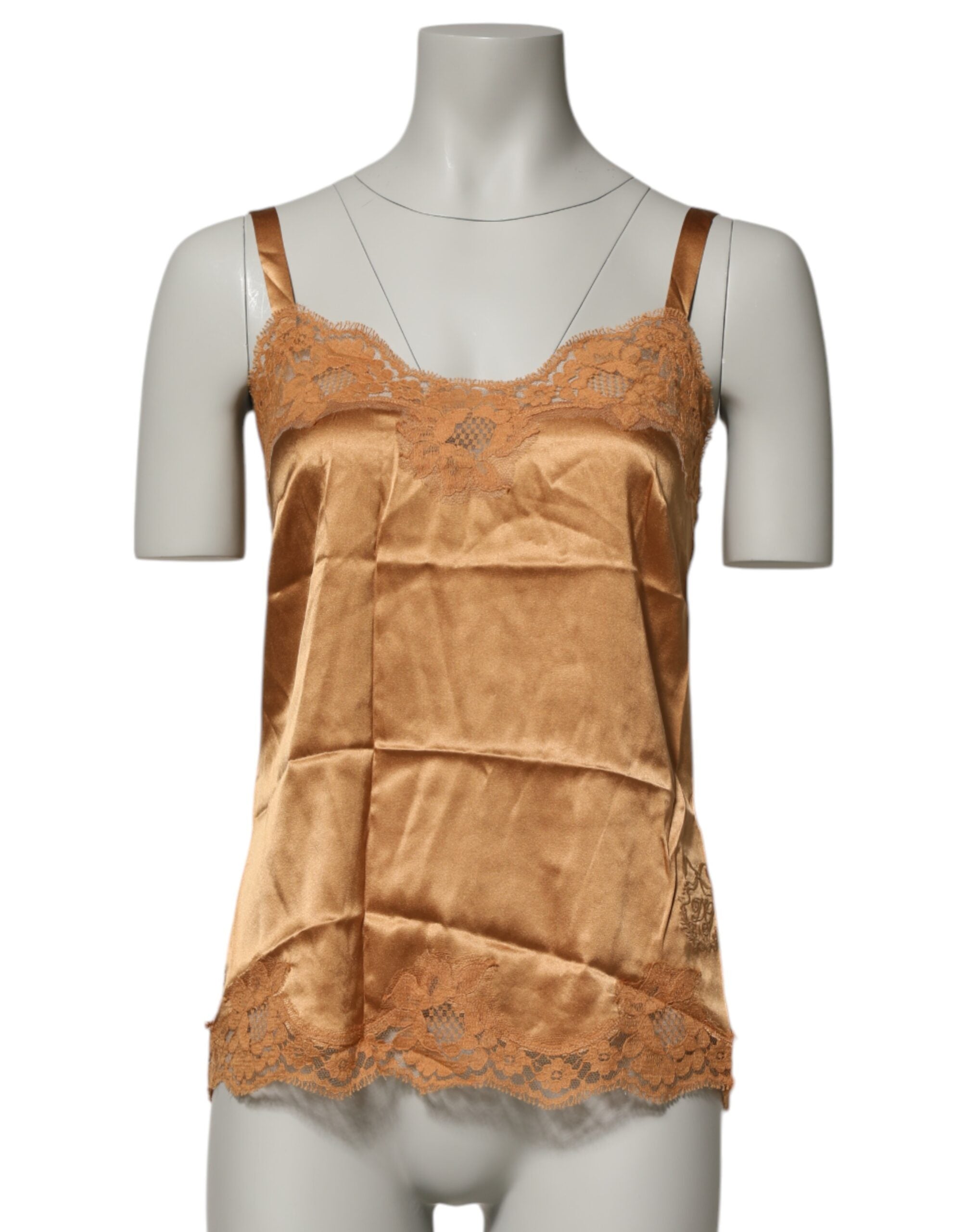 Lingerie Dolce & Gabbana en satin de soie marron avec dentelle florale, débardeur élégant pour femme.