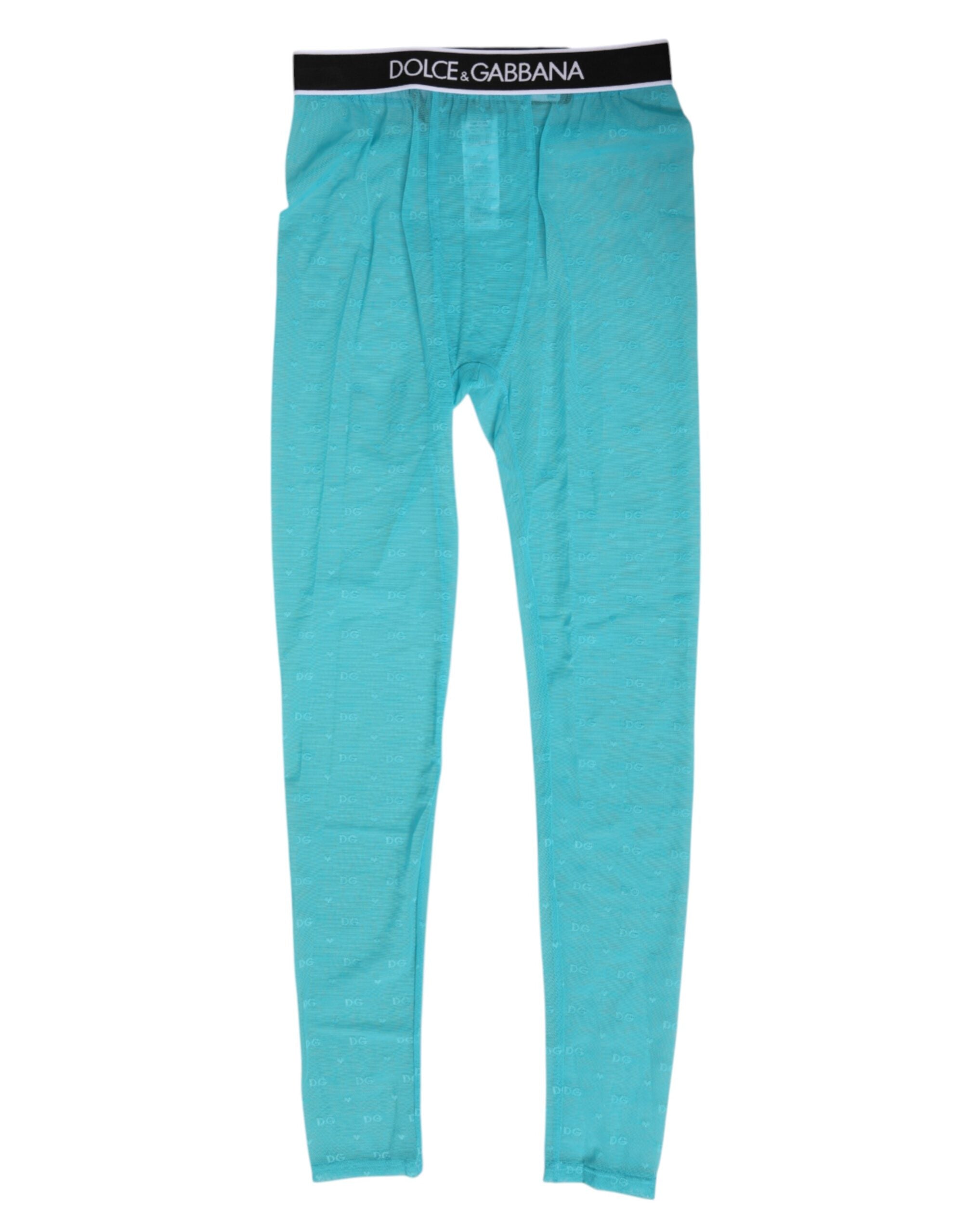 Leggings en nylon Dolce & Gabbana Light Blue avec logo, dentelle et design ajusté, parfaits pour un style élégant et confortable.