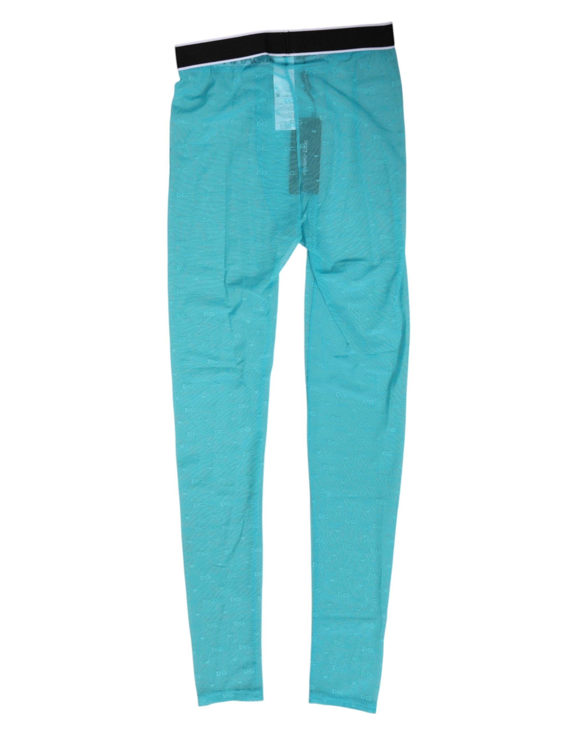 Leggings Dolce & Gabbana Light Blue en nylon avec logo en dentelle, style slip ou sous-vêtement, visibles en détail.