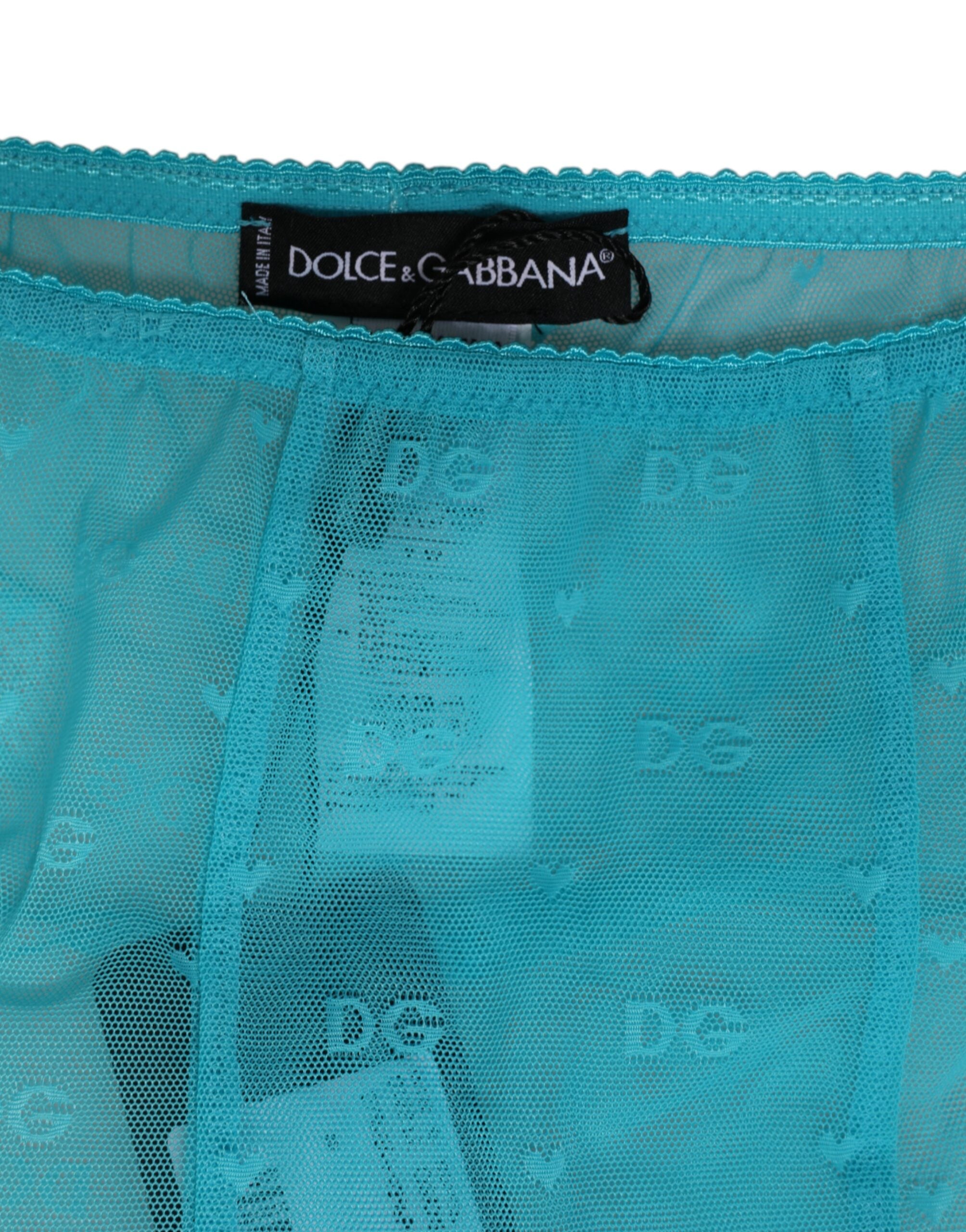 Leggings en nylon Dolce & Gabbana Light Blue avec logo en dentelle, sous-vêtements élégants, visibles en détail dans l'image.
