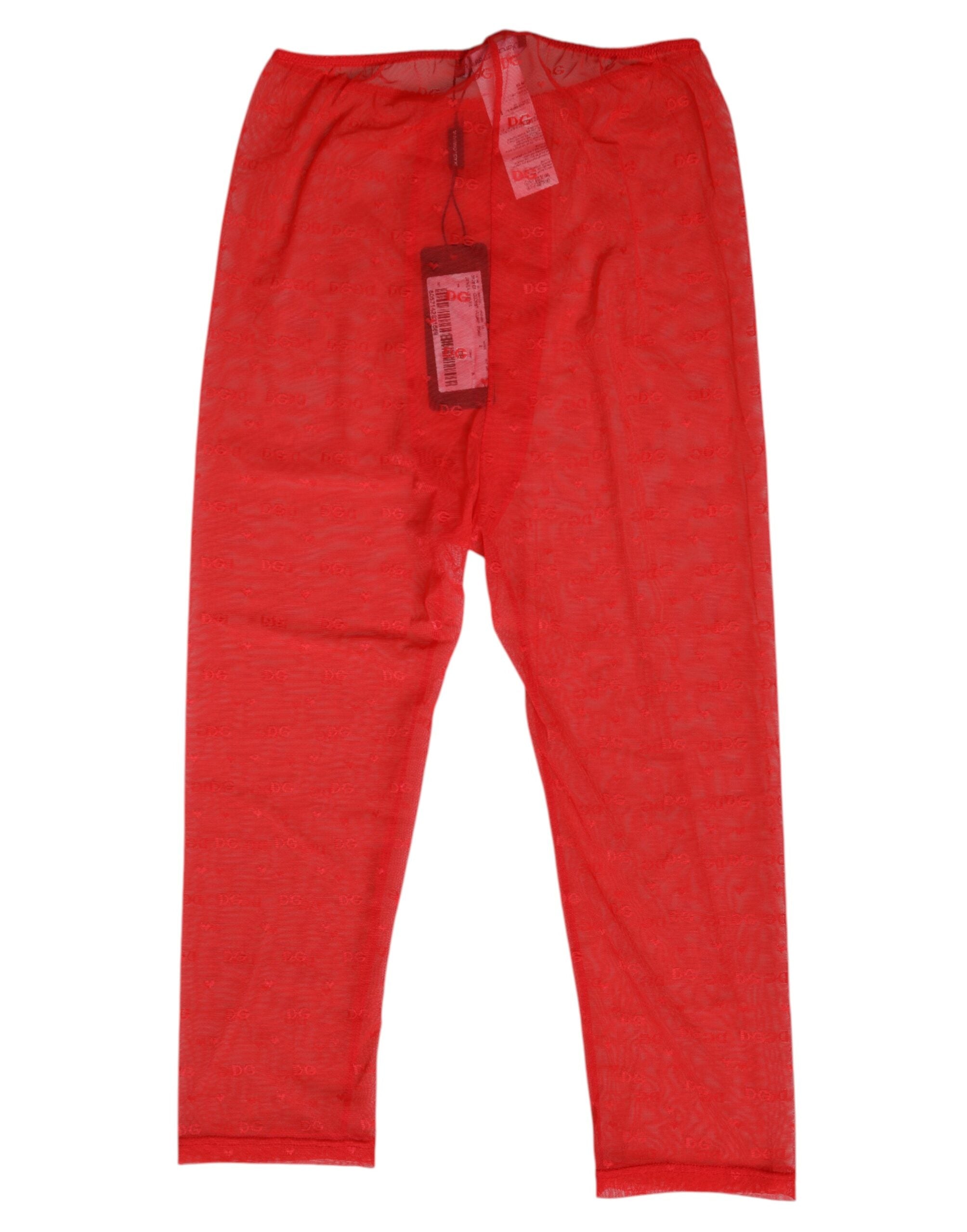 Lingerie Dolce & Gabbana, collants midi en dentelle rouge avec logo, ajustés et élégants pour femme.