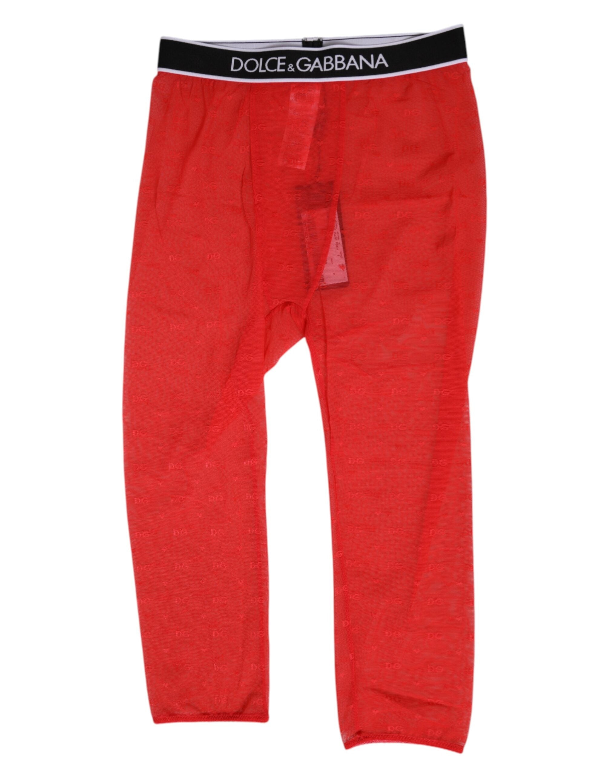 Lingerie Dolce & Gabbana rouge avec logo, dentelle, pantalon taille midi, ajusté, en tissu fin et élégant.