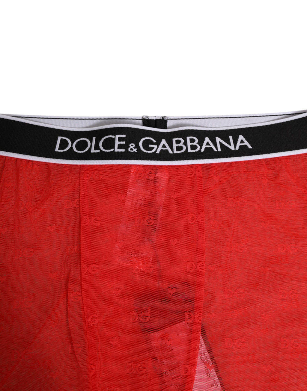 Lingerie Dolce & Gabbana, corset rouge en dentelle avec logo, coupe midi ajustée et moulante, visible sur la photo.