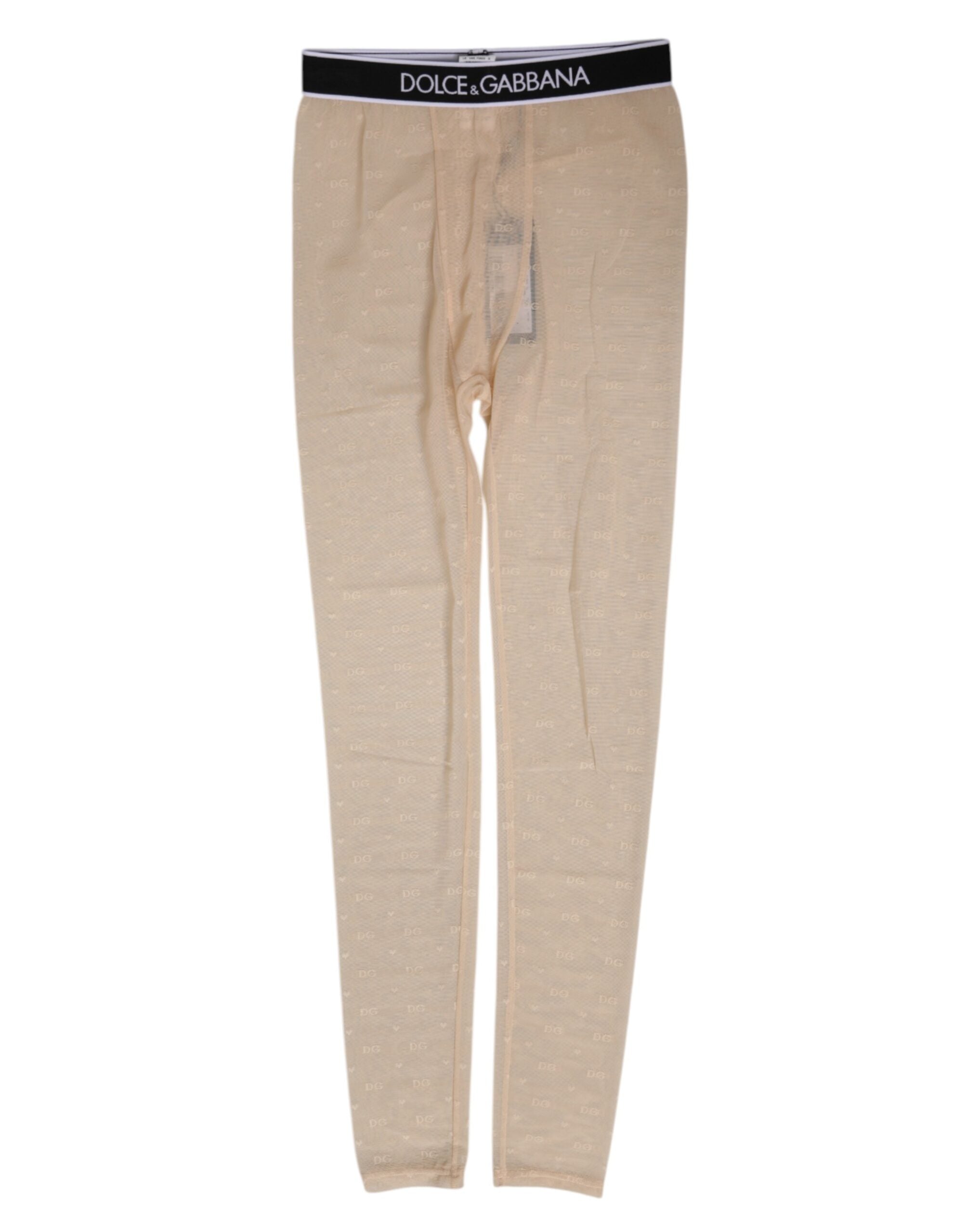 Leggings en nylon beige Dolce & Gabbana avec logo en dentelle, vêtements de dessous élégants et confortables.